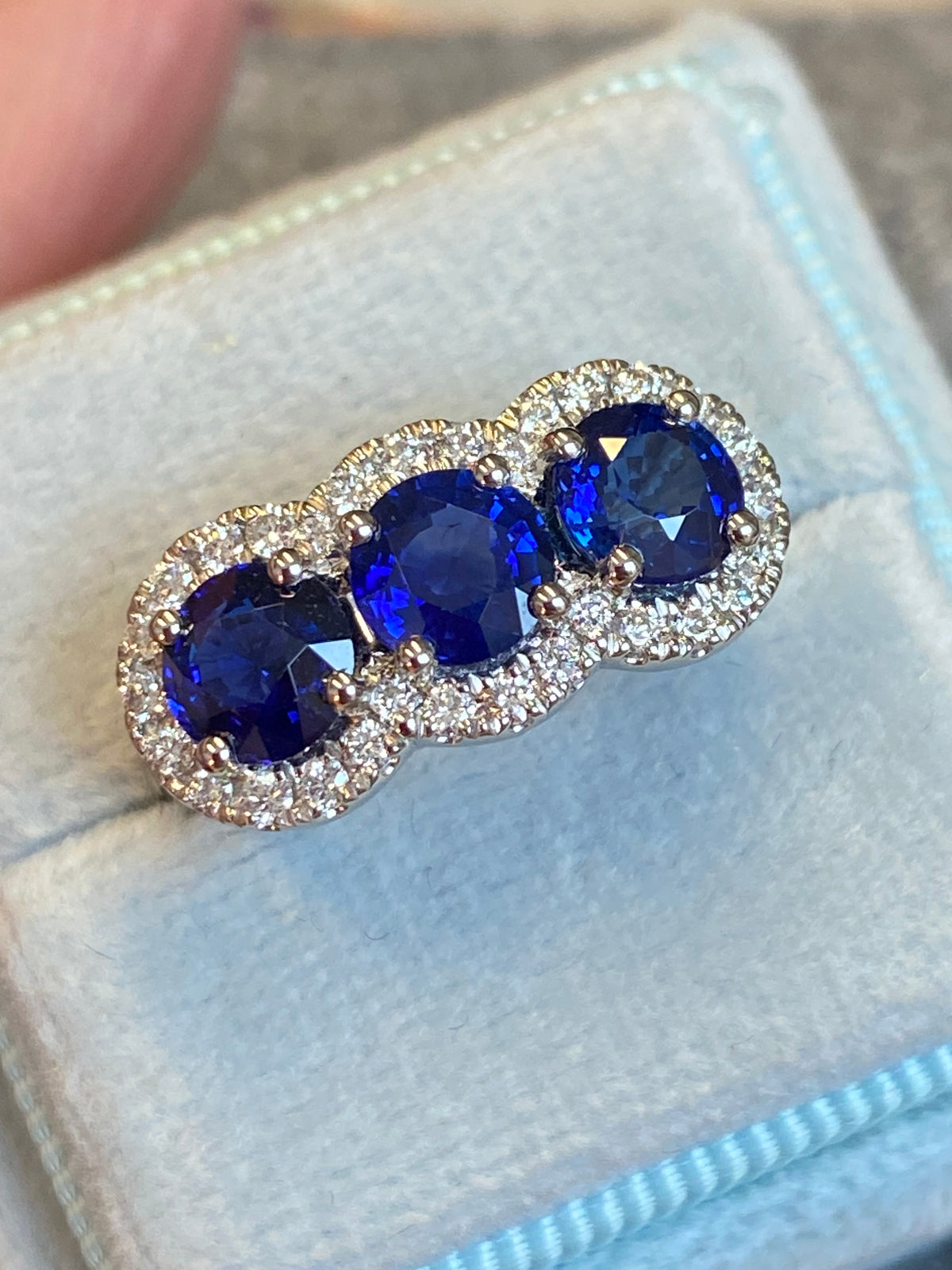 2.74 CTW Round Cut Blue Sapphire and Diamond Trilogy Ring in Platinum