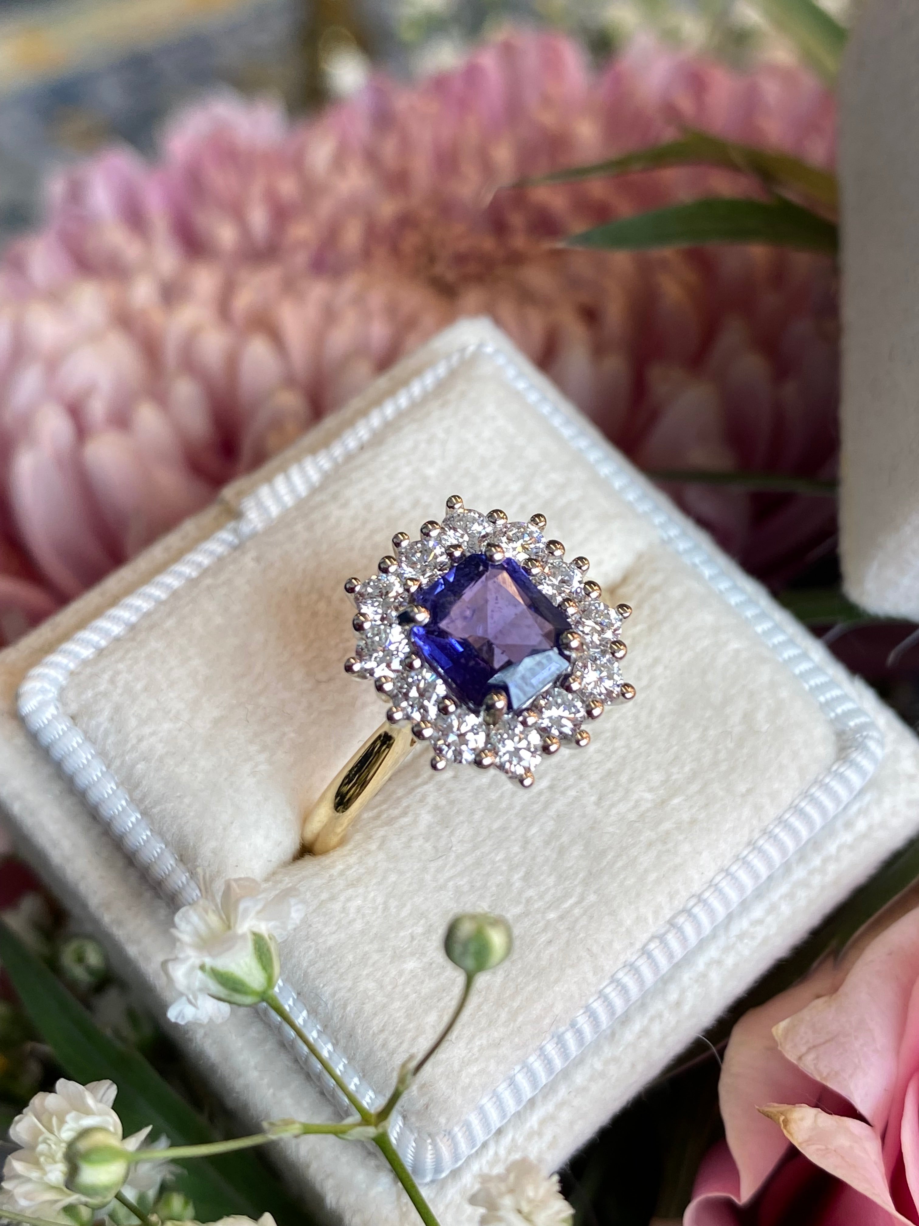 1.31 Carat Purple Sapphire and 0.60ctw Natural Diamond Halo Ring in Platinum and 18ct Gold