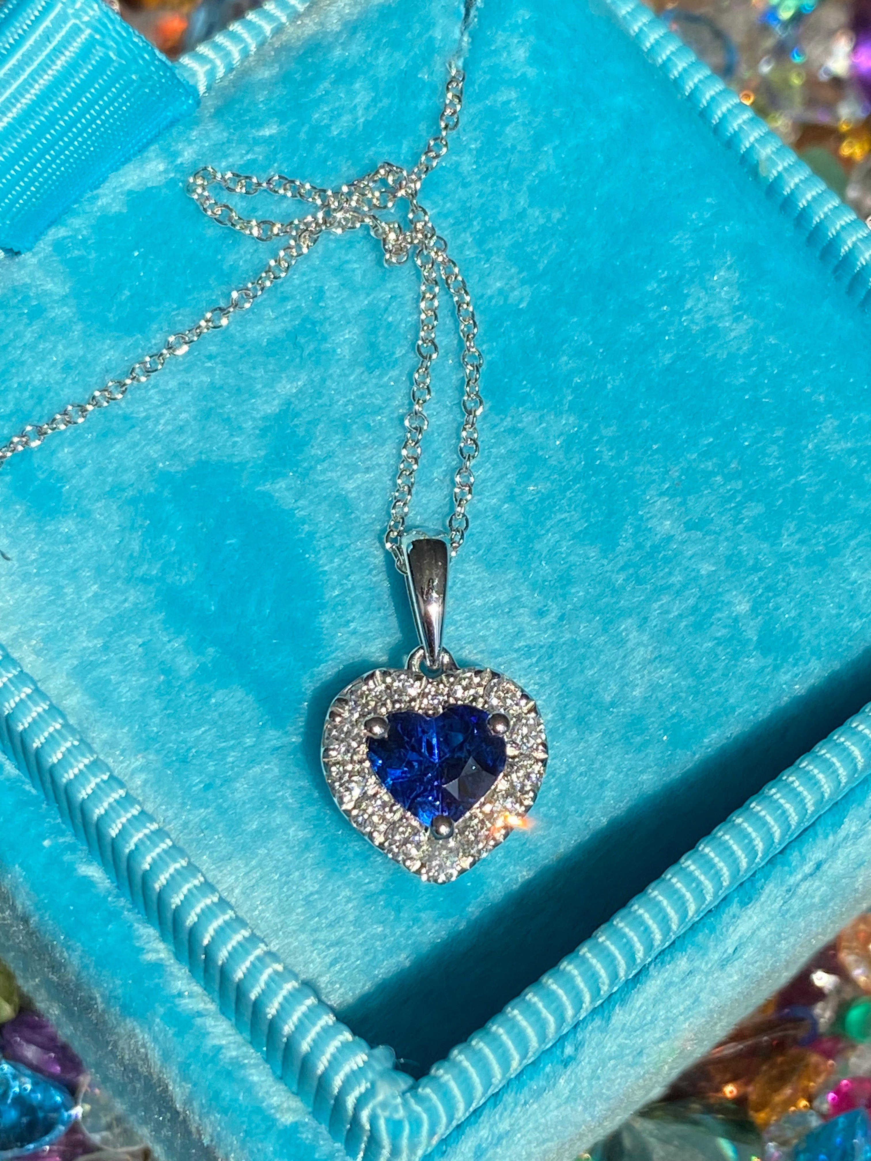 1.11 CTW Heart Shaped Ceylon Sapphire and Natural Diamond Pendant Necklace in 18ct White Gold