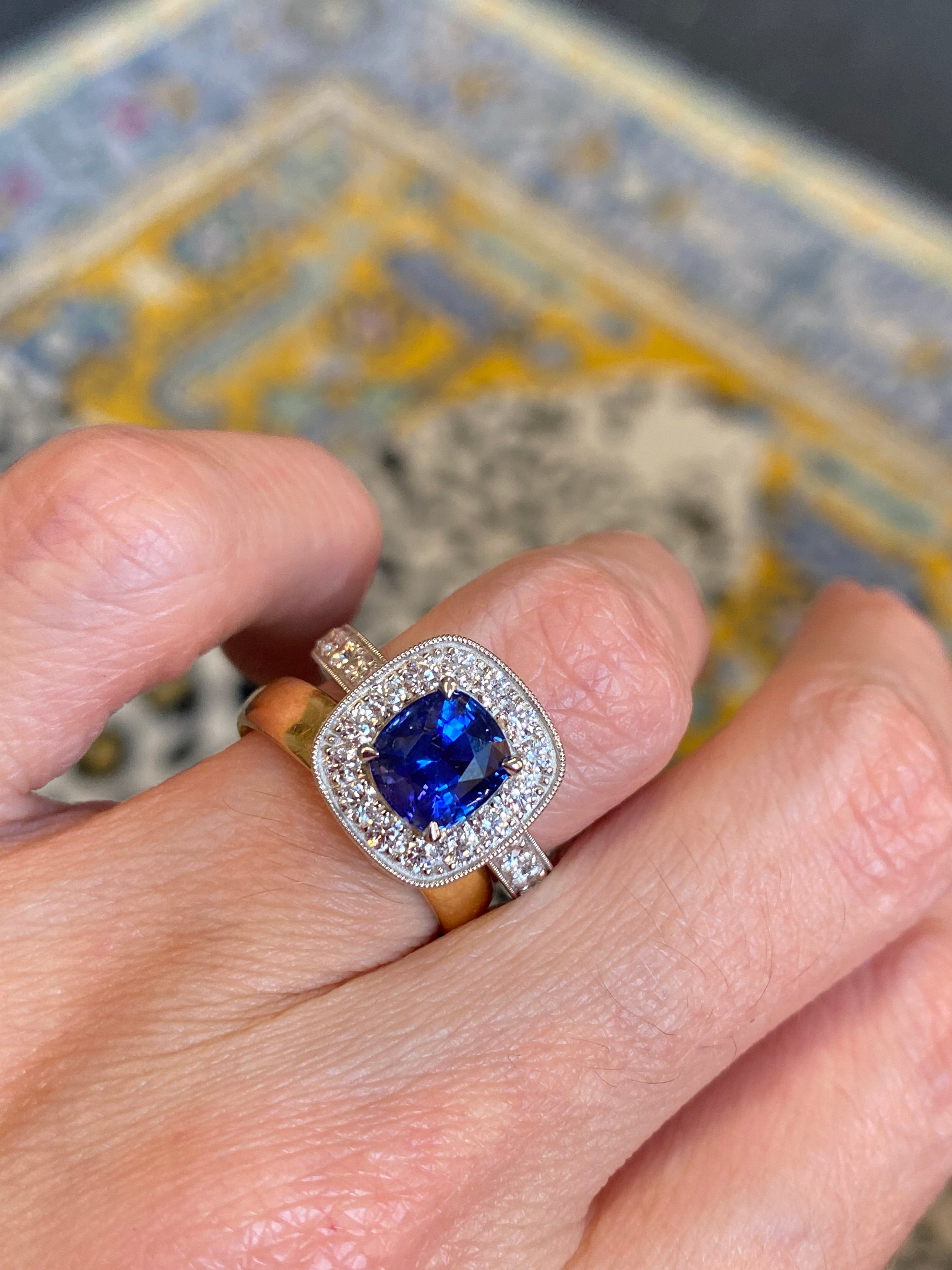 2.24 Carat Blue Ceylon Sapphire and Natural Diamond Halo Ring in Platinum