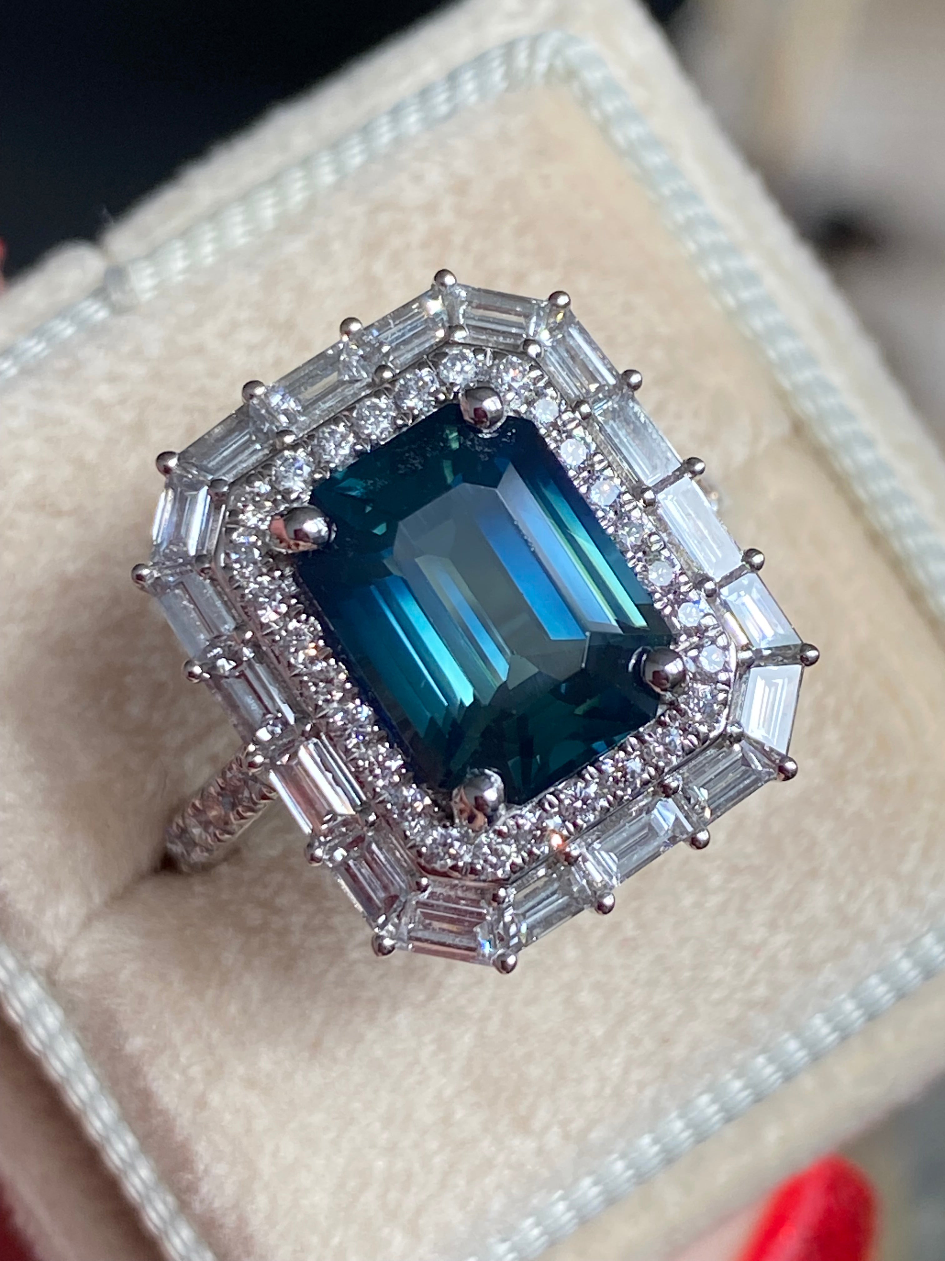5.34 CTW Ceylon Teal Sapphire and Natural Diamond Ring in Platinum