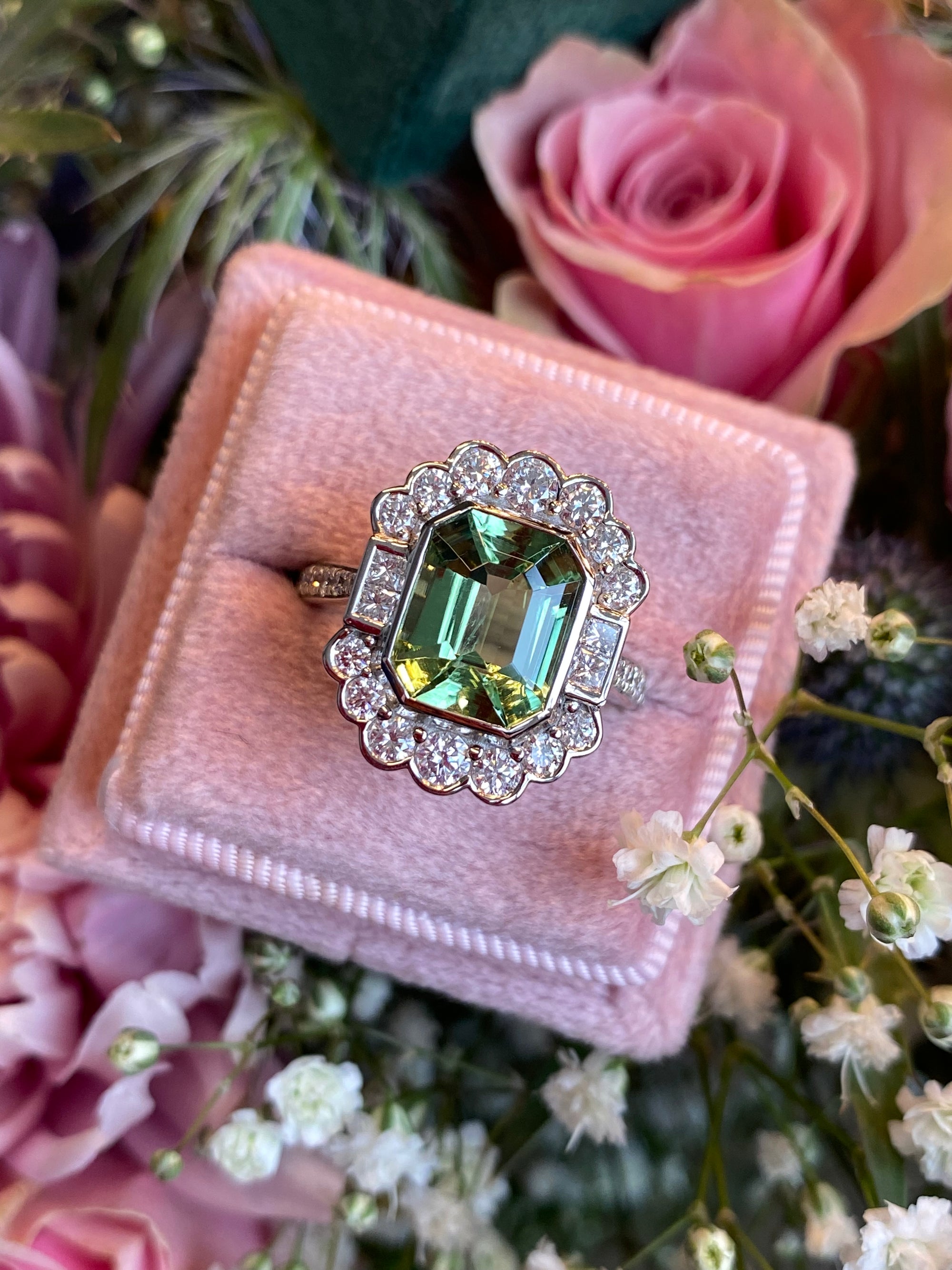 4.01 CTW Emerald Cut Mint Tourmaline and Natural Diamond Ring in Platinum