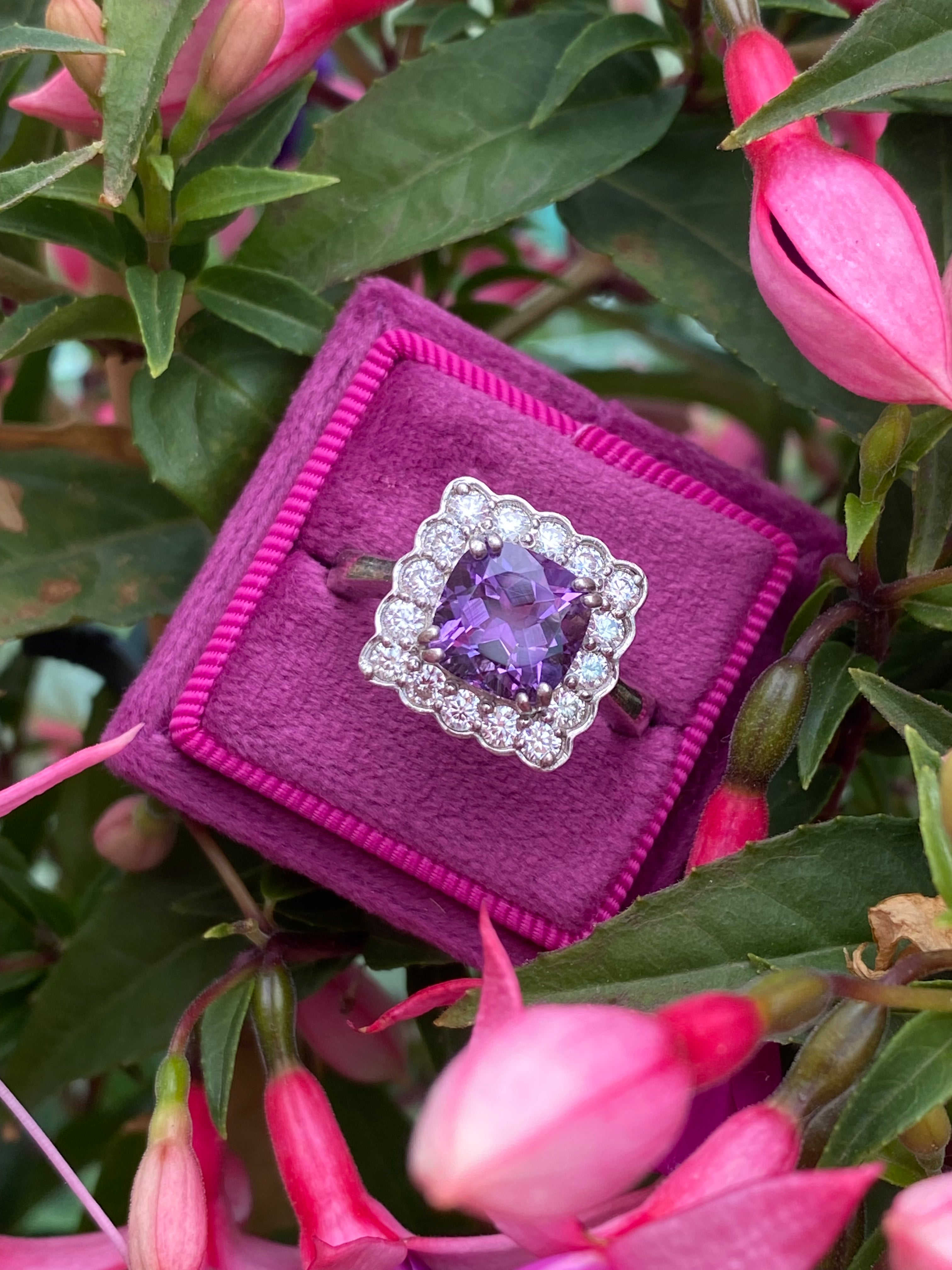 4.29 CTW Cushion Cut Amethyst and Moissanite Halo Cocktail Ring in Sterling Silver