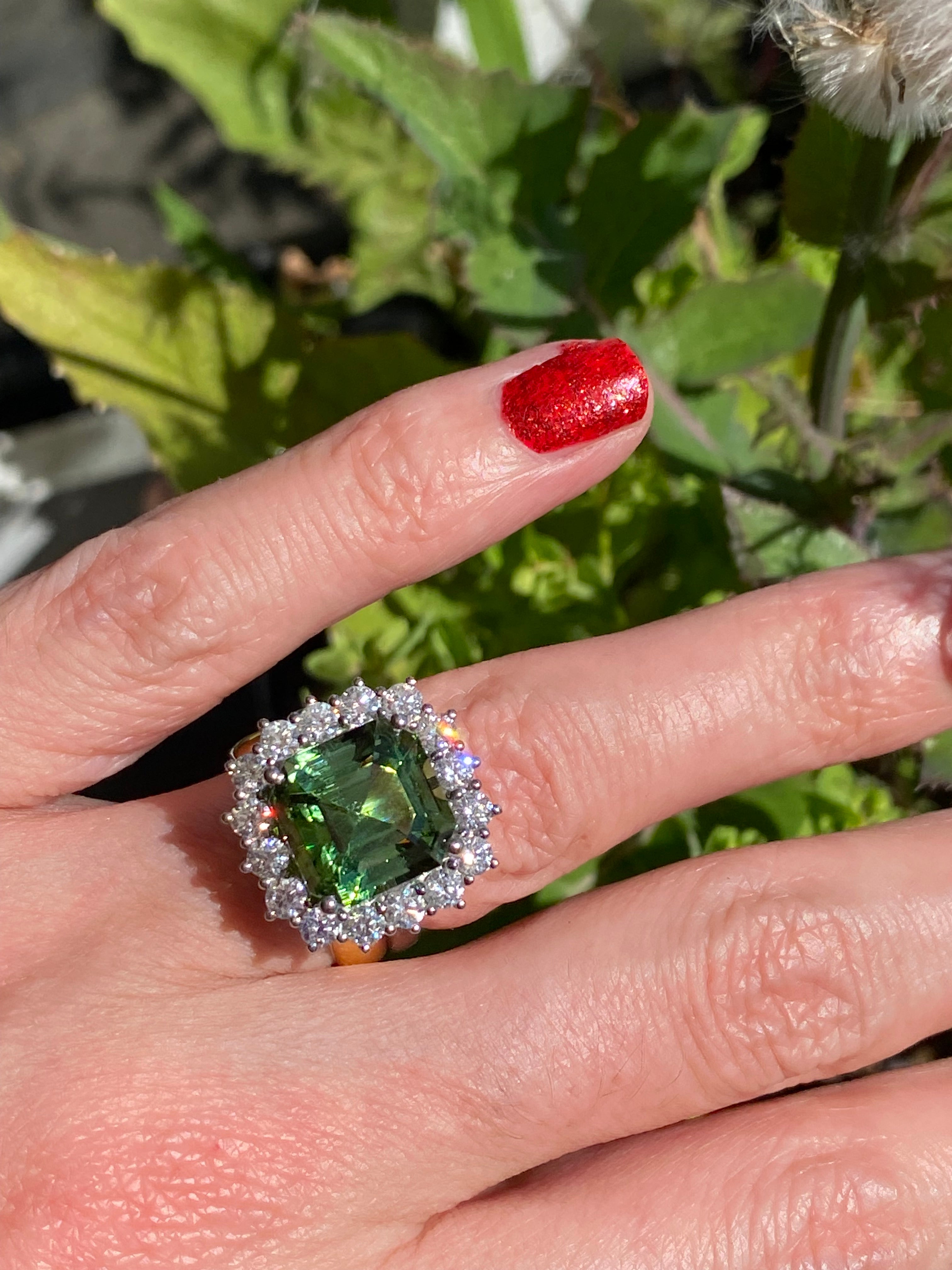8.44 Carat Asscher Cut Green Tourmaline and 1.38ctw Natural Diamond Ring in Platinum