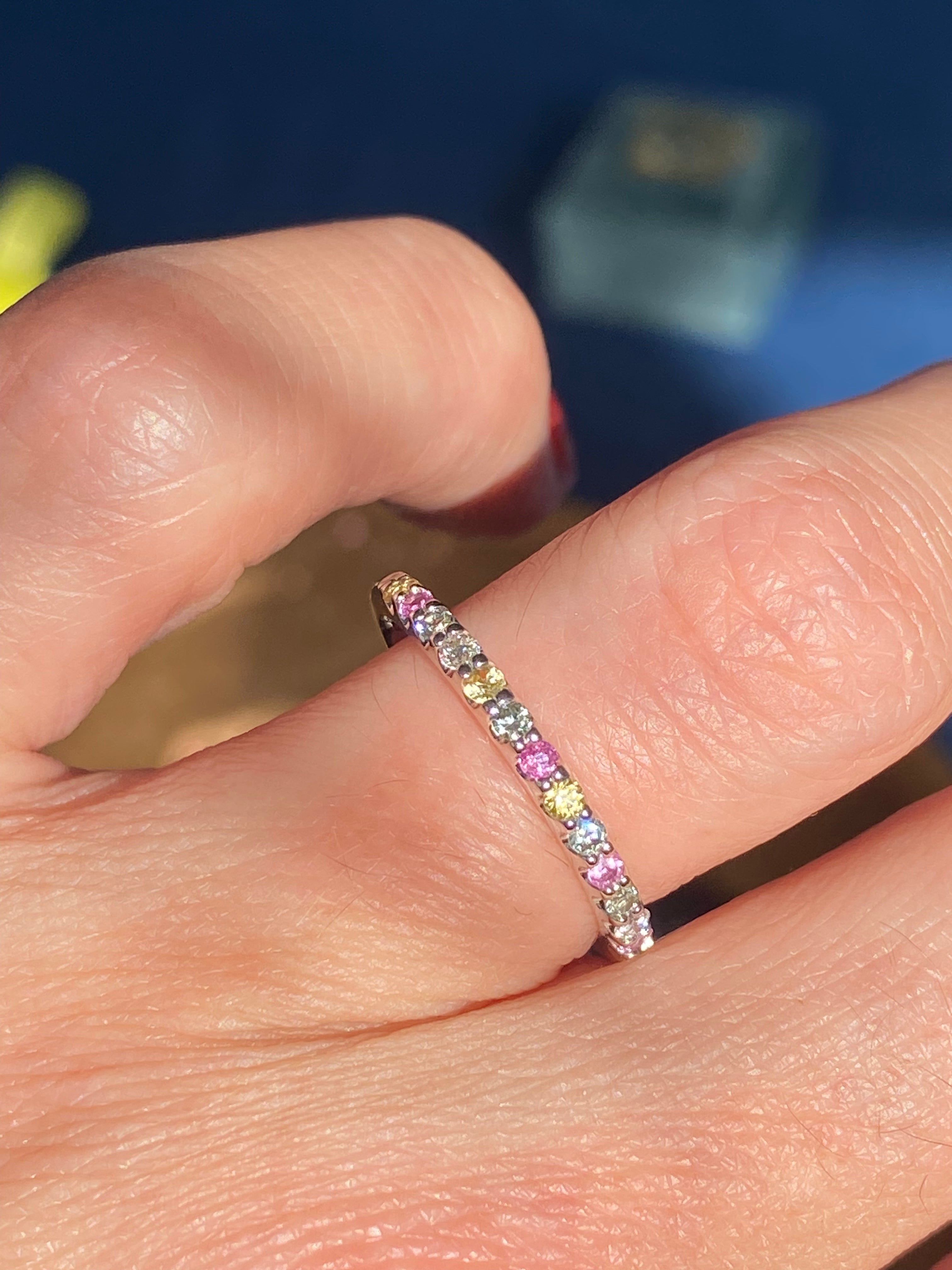 0.37 CTW Sweetshop Yellow, Pink, and Green Sapphire, and Natural Diamond Eternity Ring in 18ct White Gold
