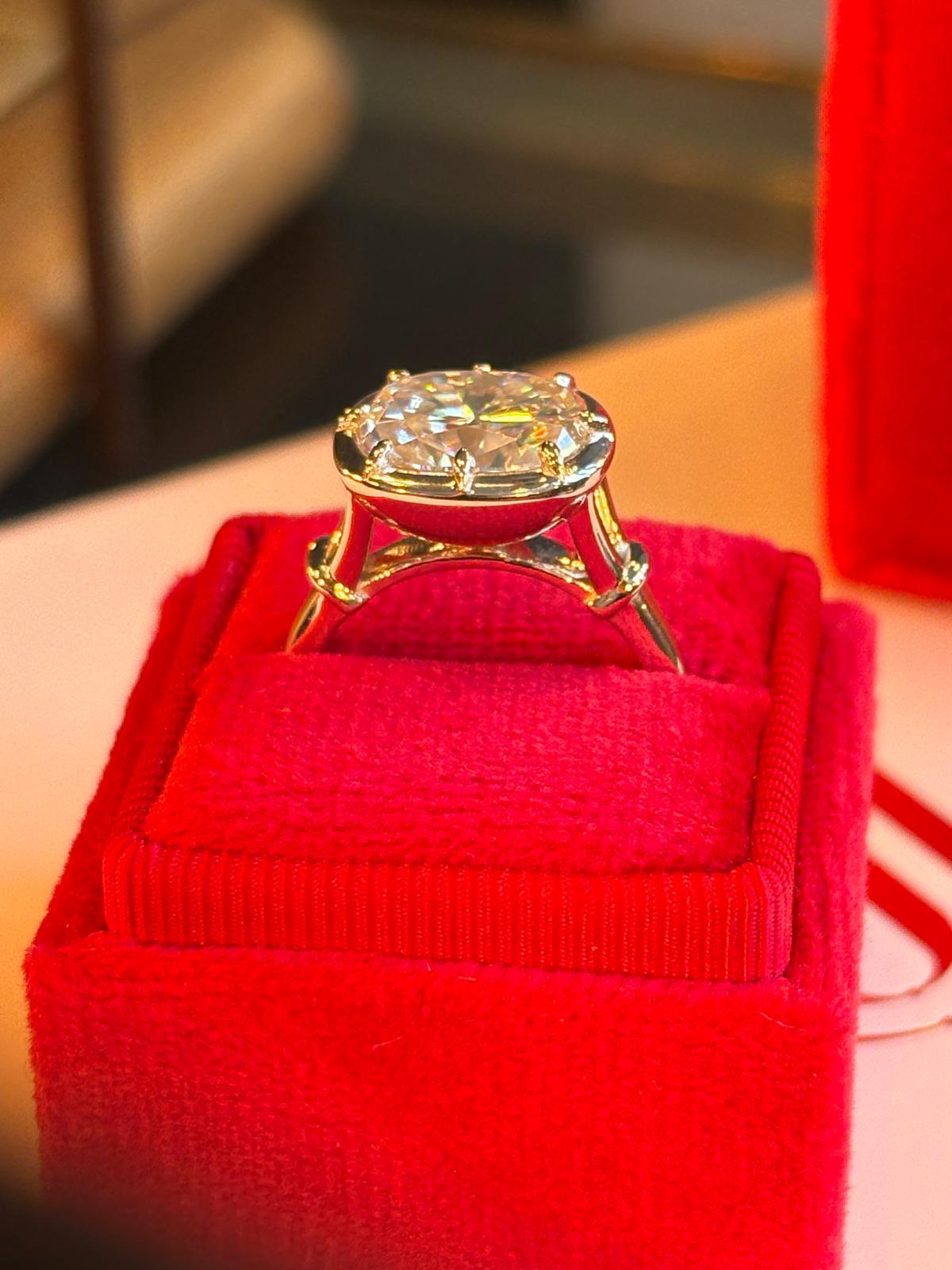 4.00 Carat Georgian Style Button Back Cushion Cut Moissanite East West Solitaire Ring in Sterling Silver