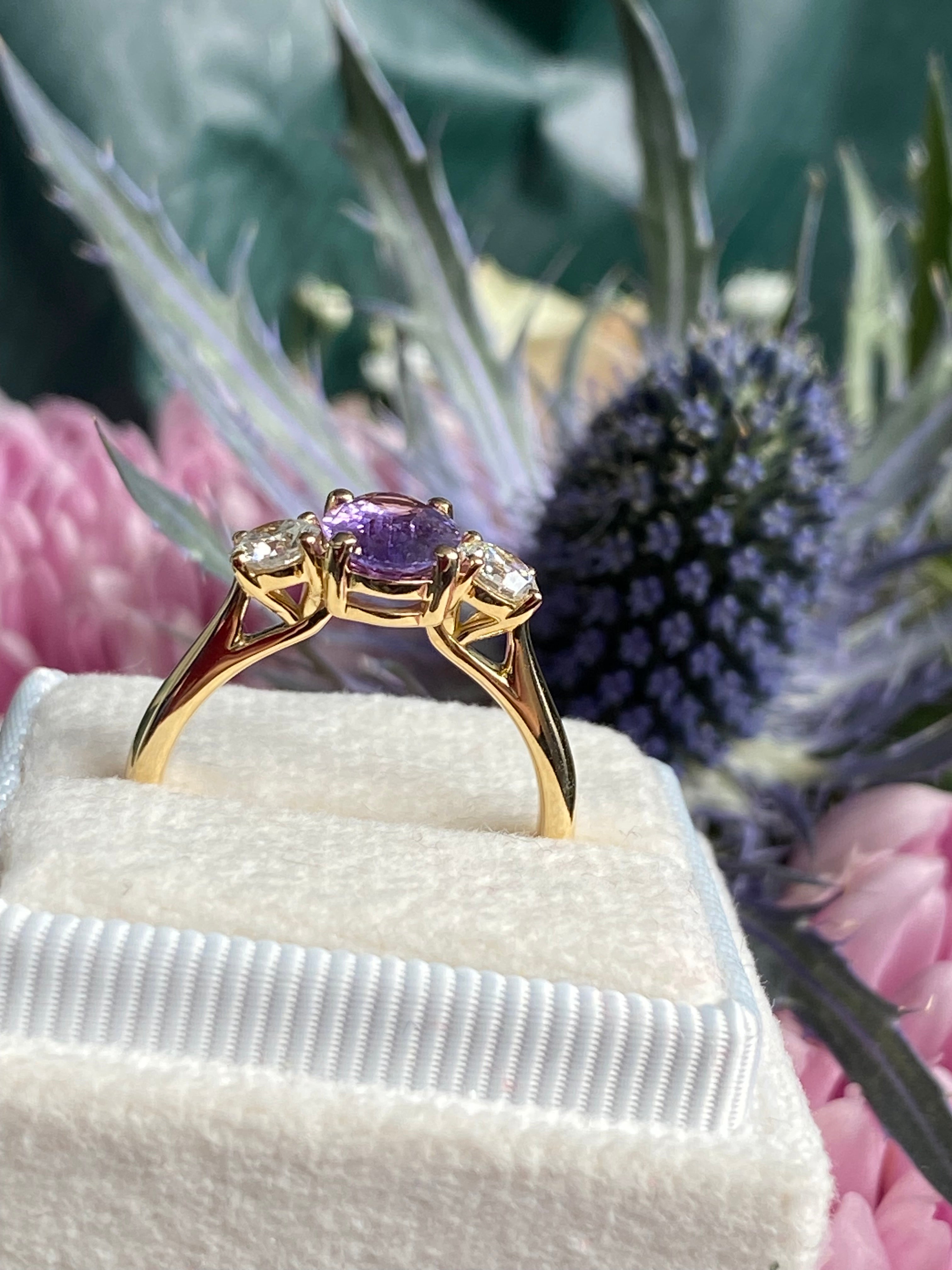 1.82 CTW Purple Sapphire and Natural Diamond Three Stone Ring in 18ct Yellow Gold