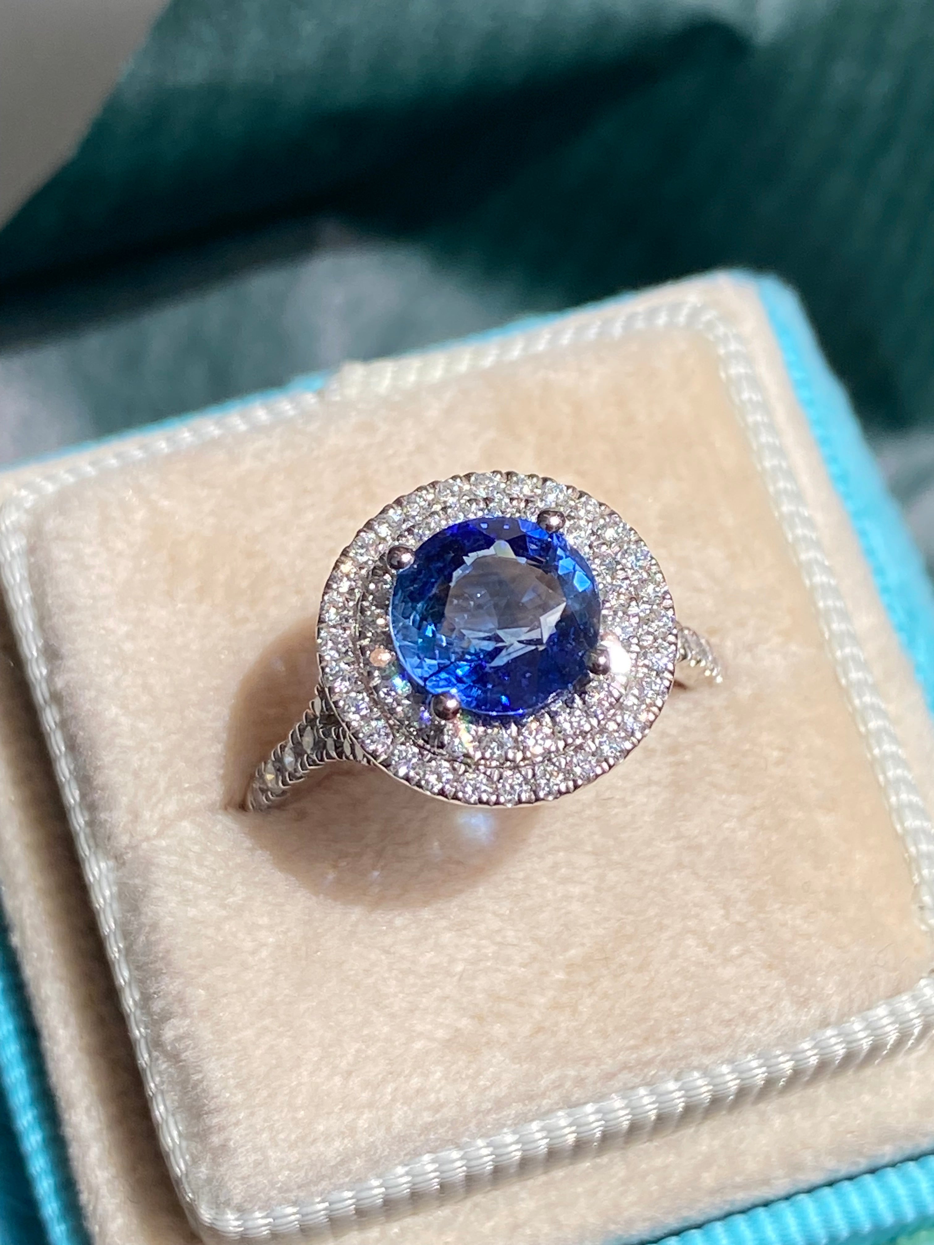 2.56 CTW Blue Ceylon Sapphire and Natural Diamond Double Halo Ring in Platinum