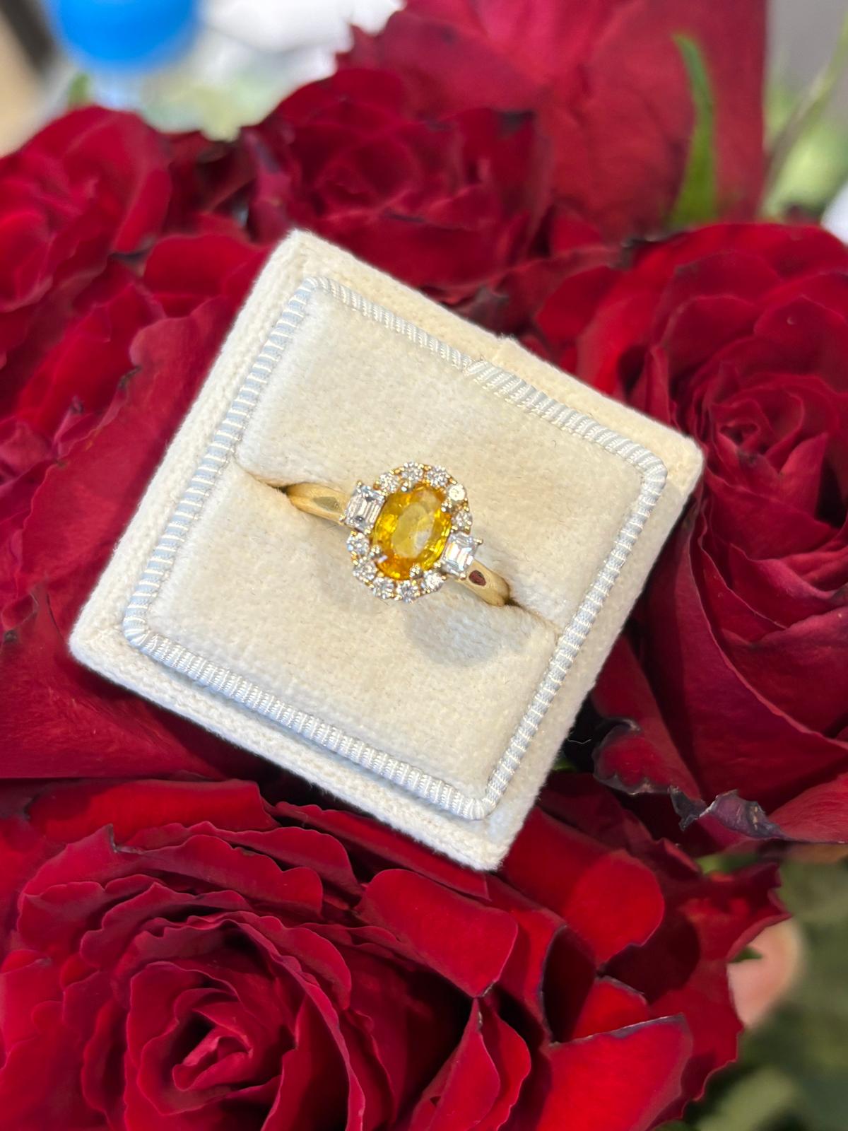 0.93 Carat Orange Yellow Sapphire and 0.37ctw Natural Diamond Halo Engagement Ring in 18ct Yellow Gold
