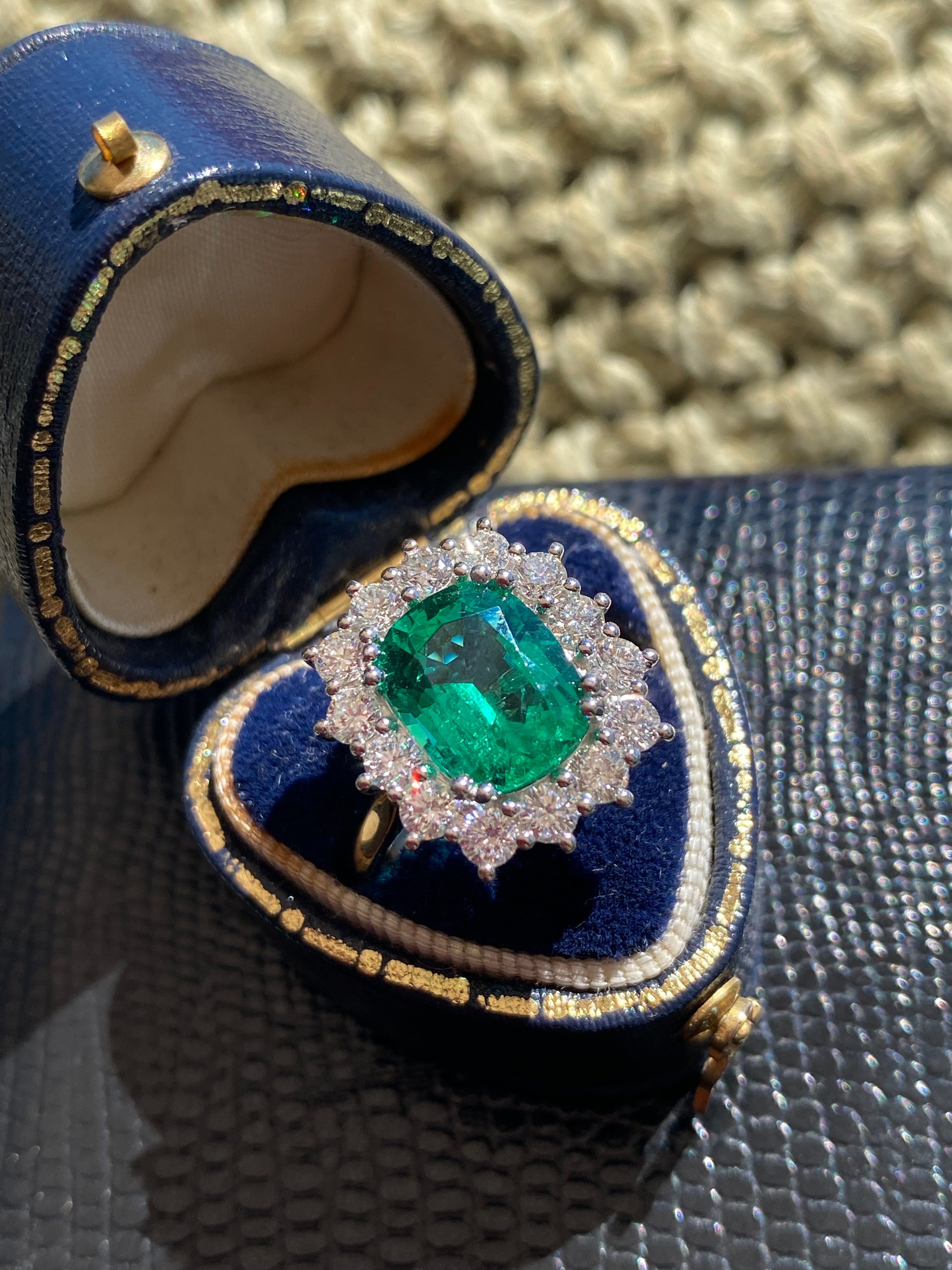 2.58 Carat Cushion Cut GIA Zambian Emerald and 1.07 CTW Natural Diamond Halo Ring in Platinum and 18ct Yellow Gold