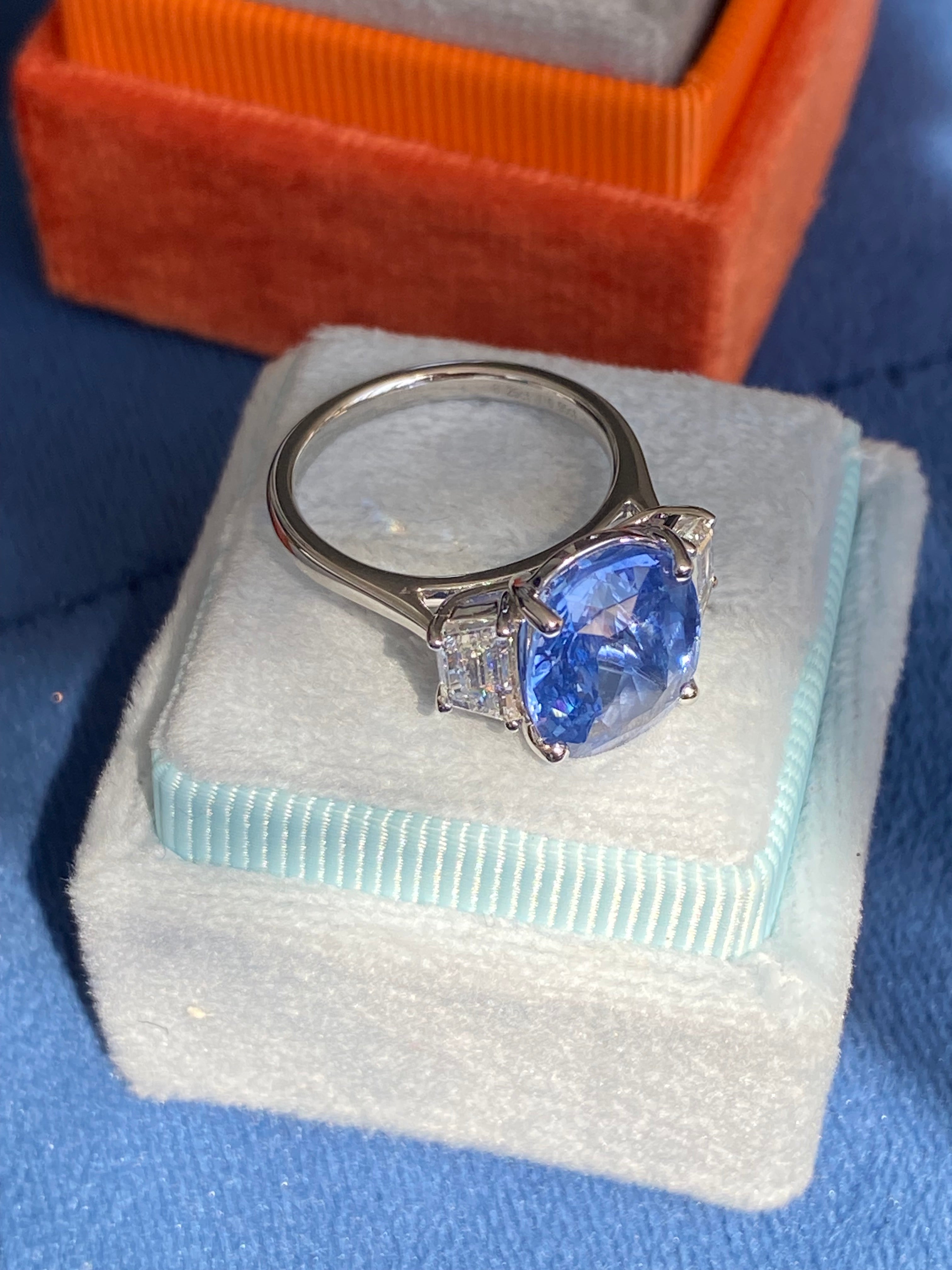 6.25 Carat Unheated Blue Ceylon Sapphire and 0.95 Carat Diamond Ring