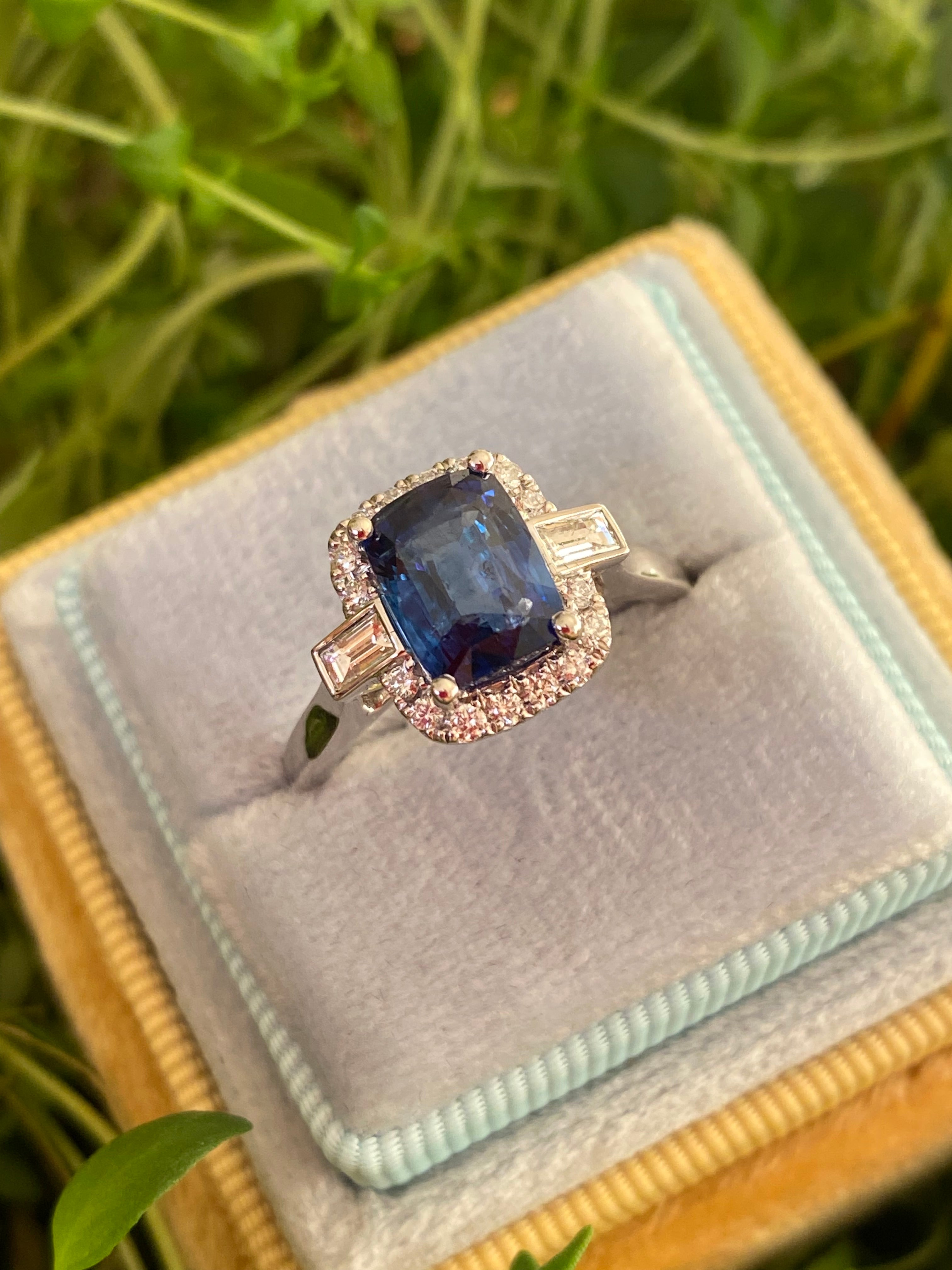 2.59 Carat Cushion Cut Sapphire and Natural Diamond Halo Ring in Platinum