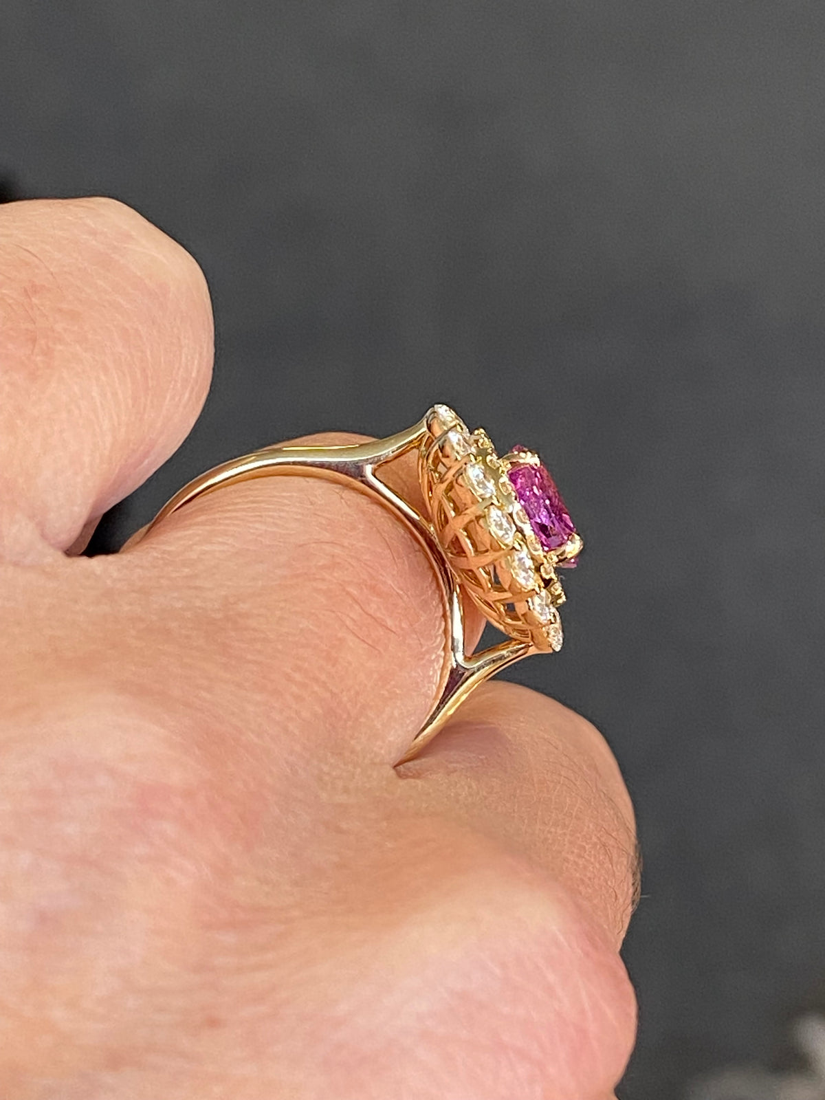 3.45 CTW Round Cut Pink Sapphire and Natural Diamond Halo Engagement Ring in 18ct Yellow Gold