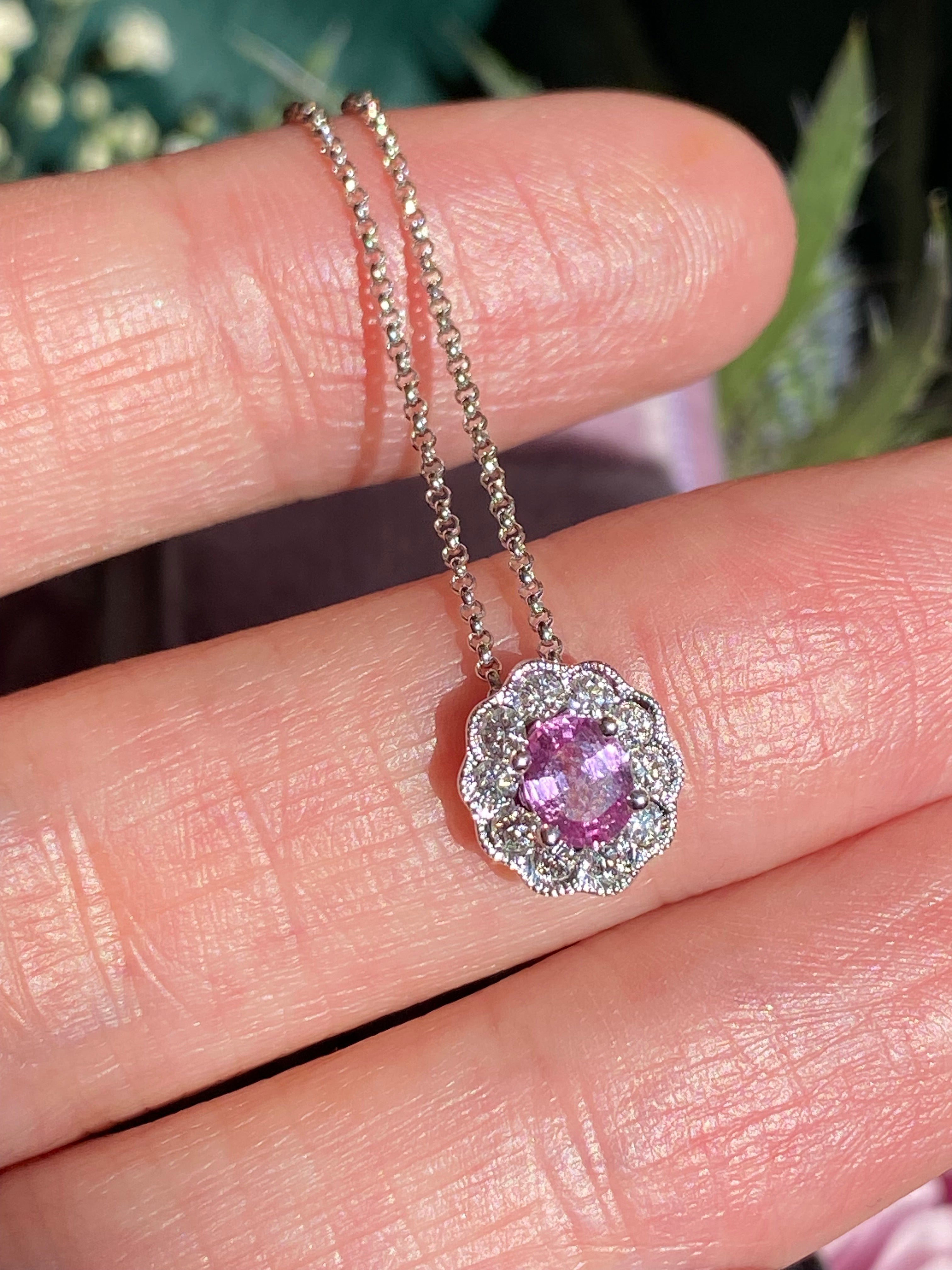 0.70 CTW Pink Sapphire and Natural Diamond Pendant Necklace in 18ct White Gold