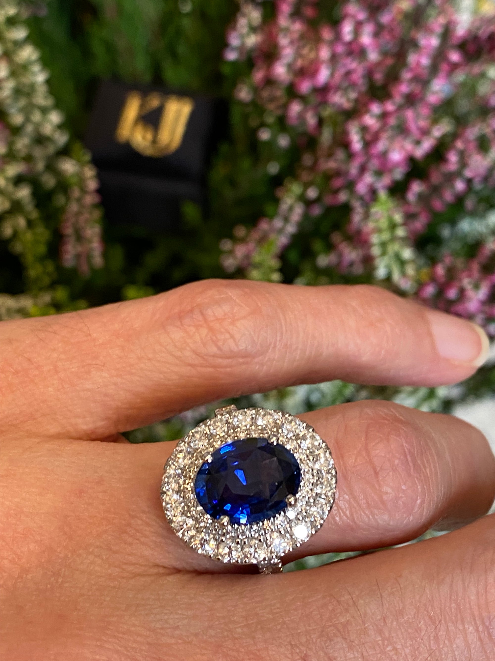 4.29 Carat Blue Ceylon Sapphire and 1.67 CTW Natural Diamond Halo Ring in Platinum