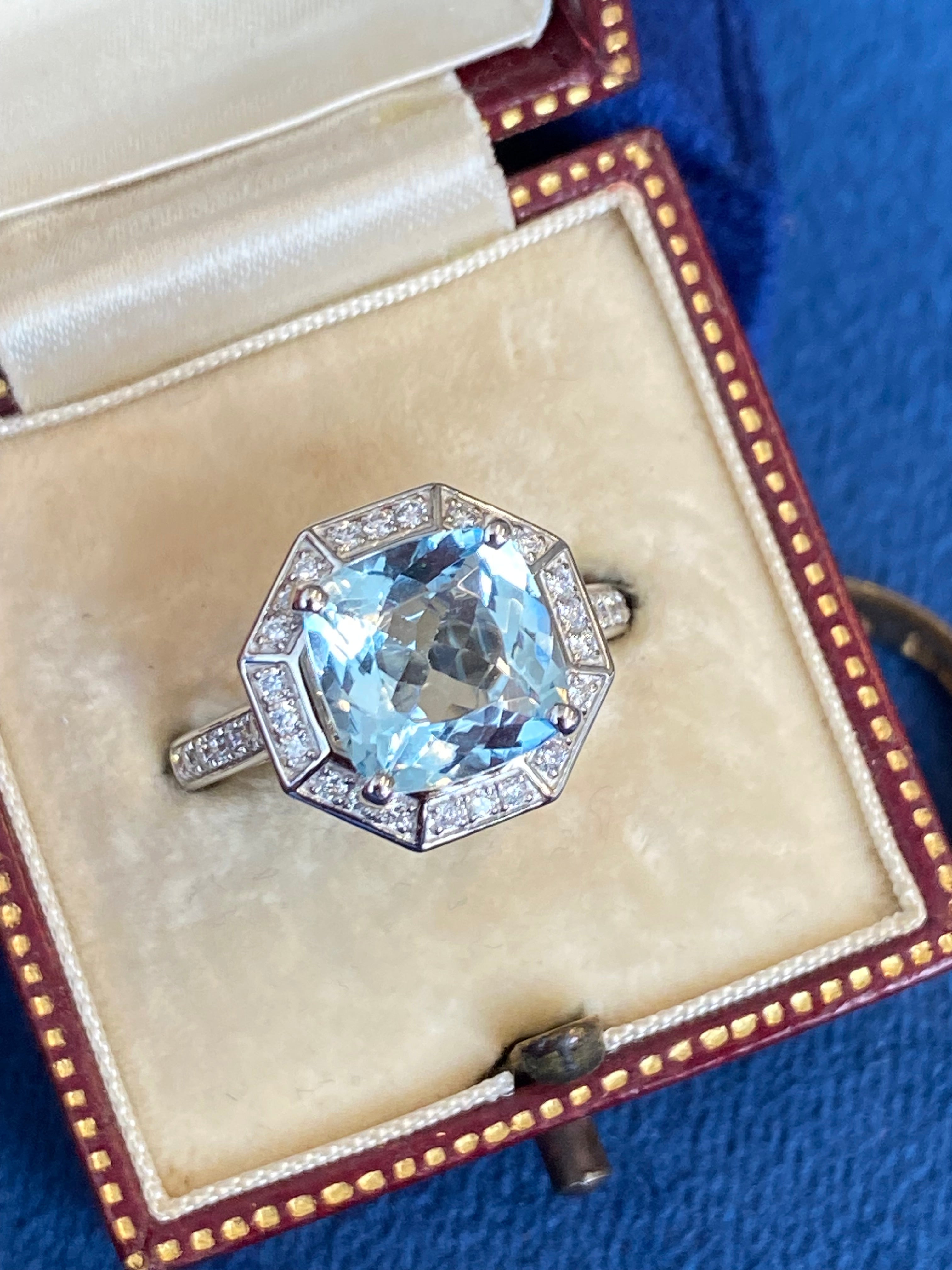 3.03 CTW Cushion Cut Art Deco Style Aquamarine and Natural Diamond Halo Engagement Ring in Platinum