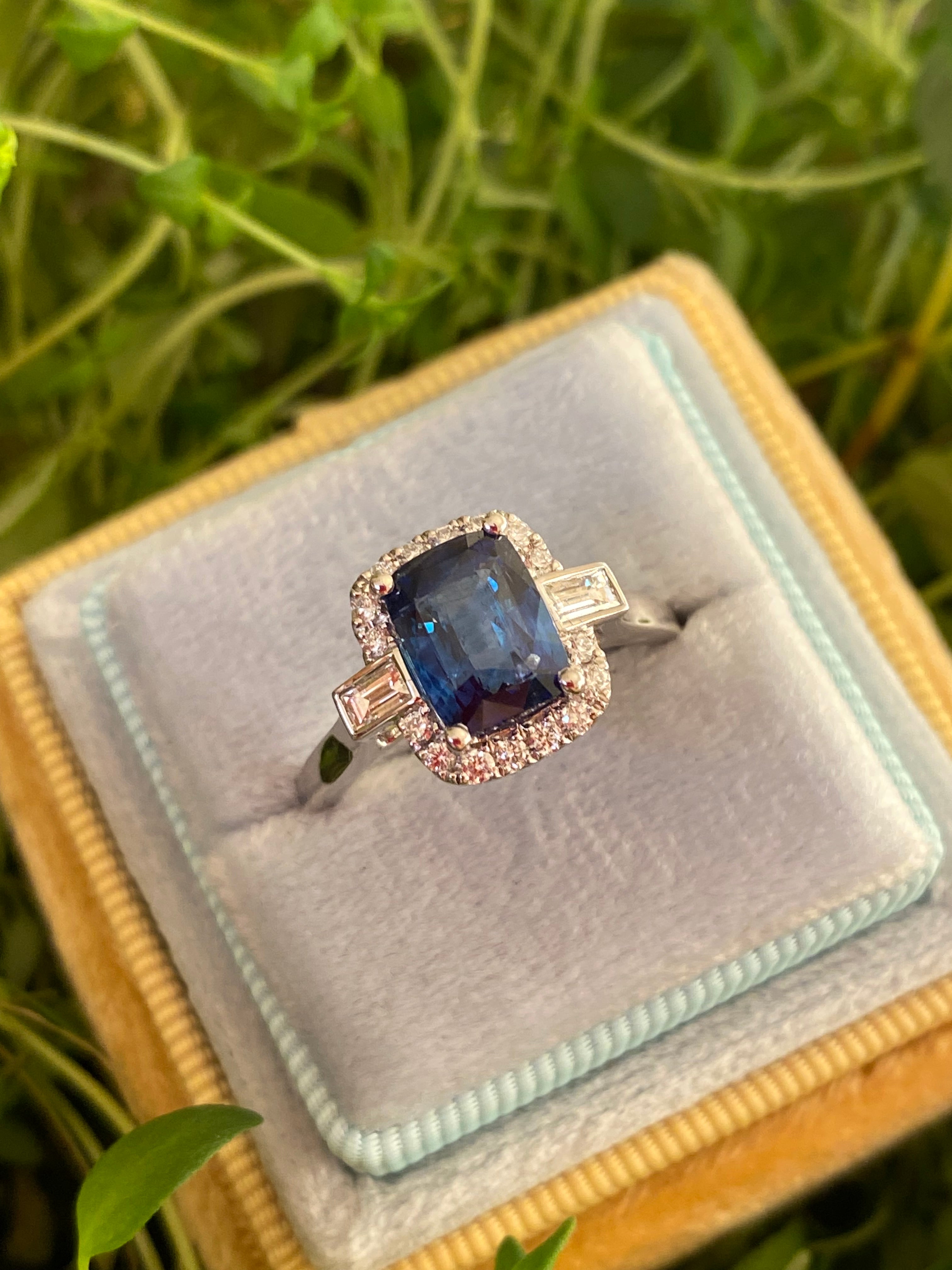 2.59 Carat Cushion Cut Sapphire and Natural Diamond Halo Ring in Platinum