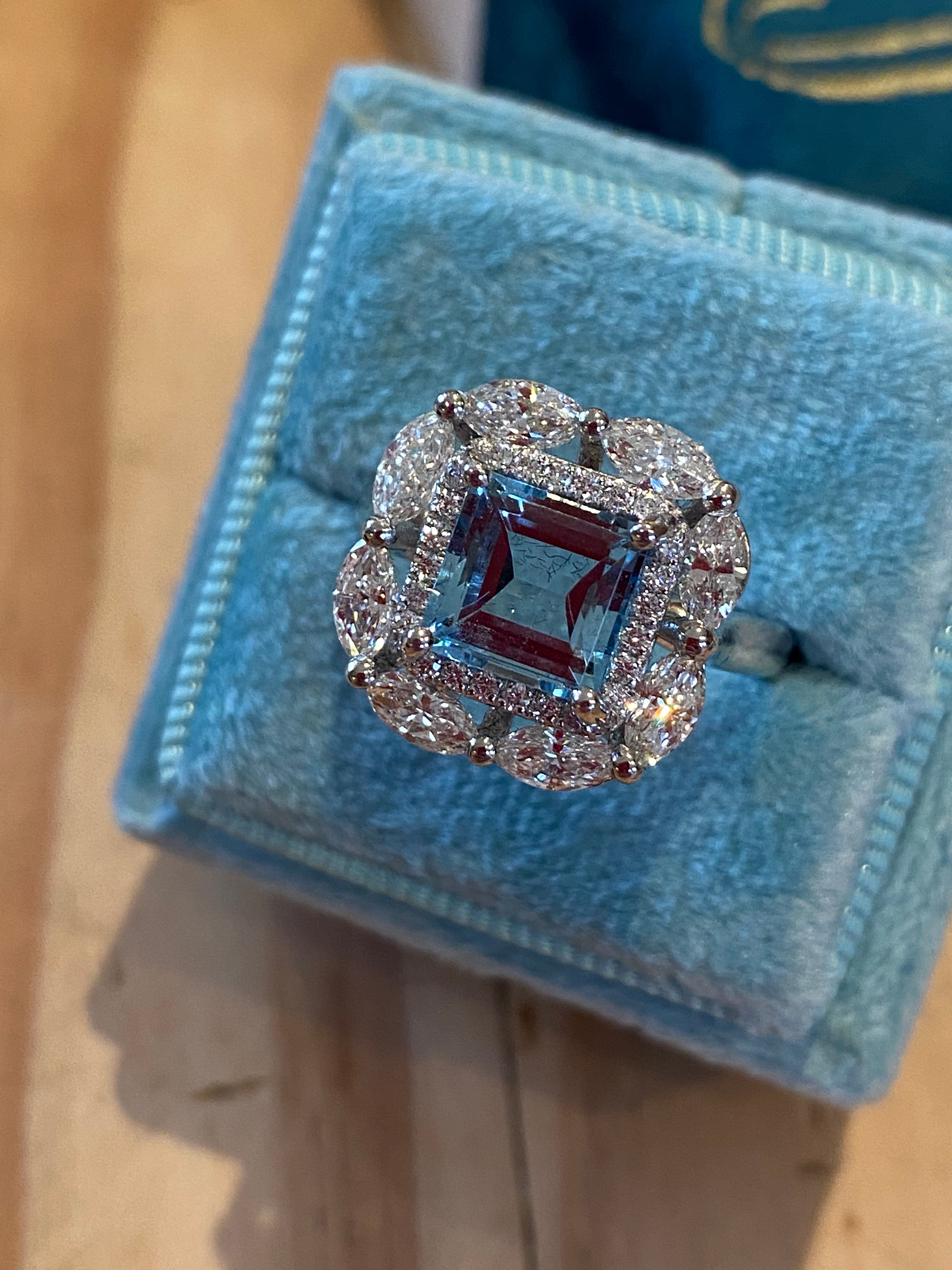 1.60 Carat Aquamarine and 1.18 ctw Natural Diamond Ring in Platinum