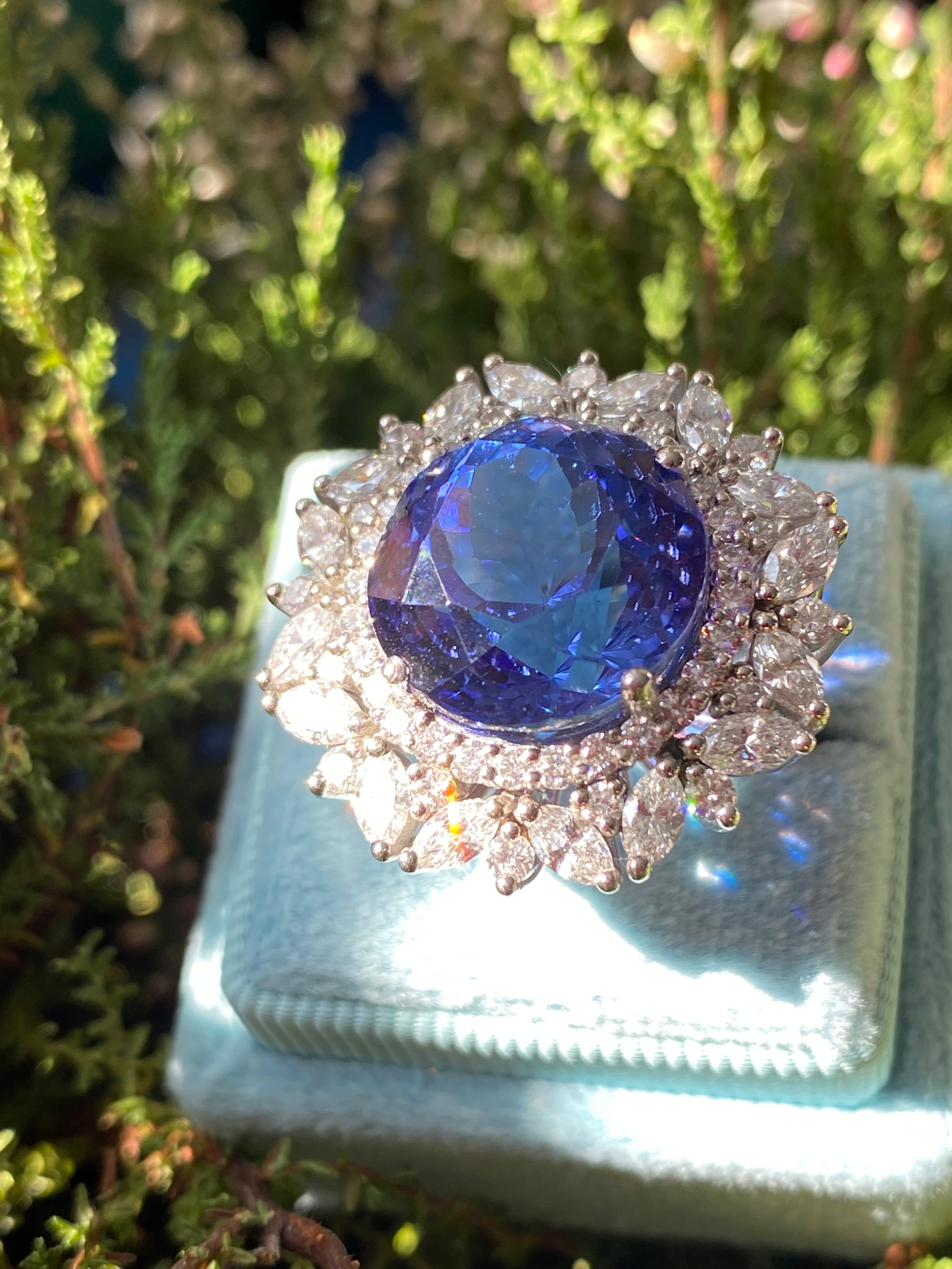 15.96 Carat Round Cut Tanzanite and 2.88ctw Natural Diamond Cocktail Ring in Platinum