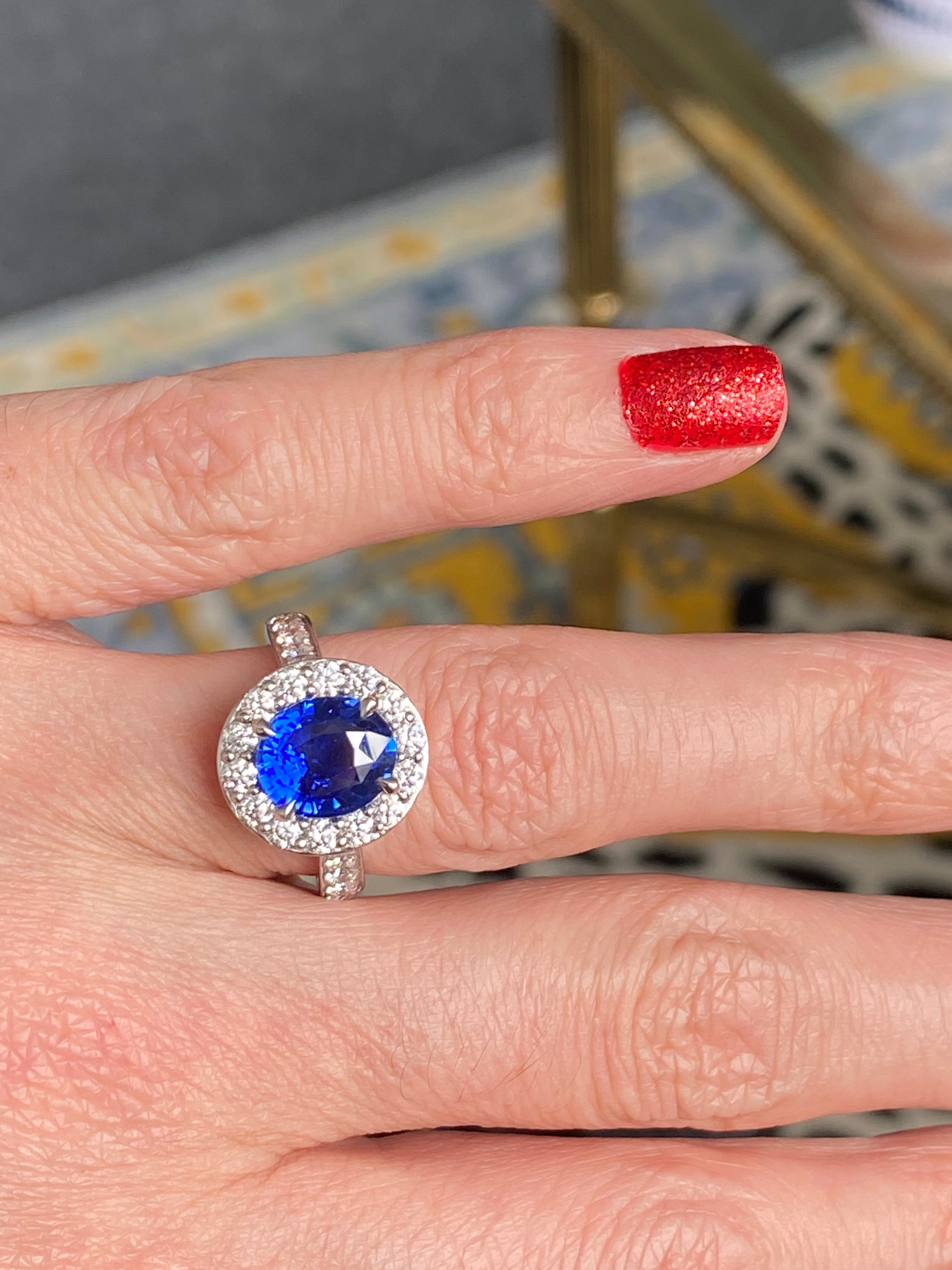 3.01 Carat Blue Ceylon Sapphire and Natural Diamond Halo Ring in Platinum