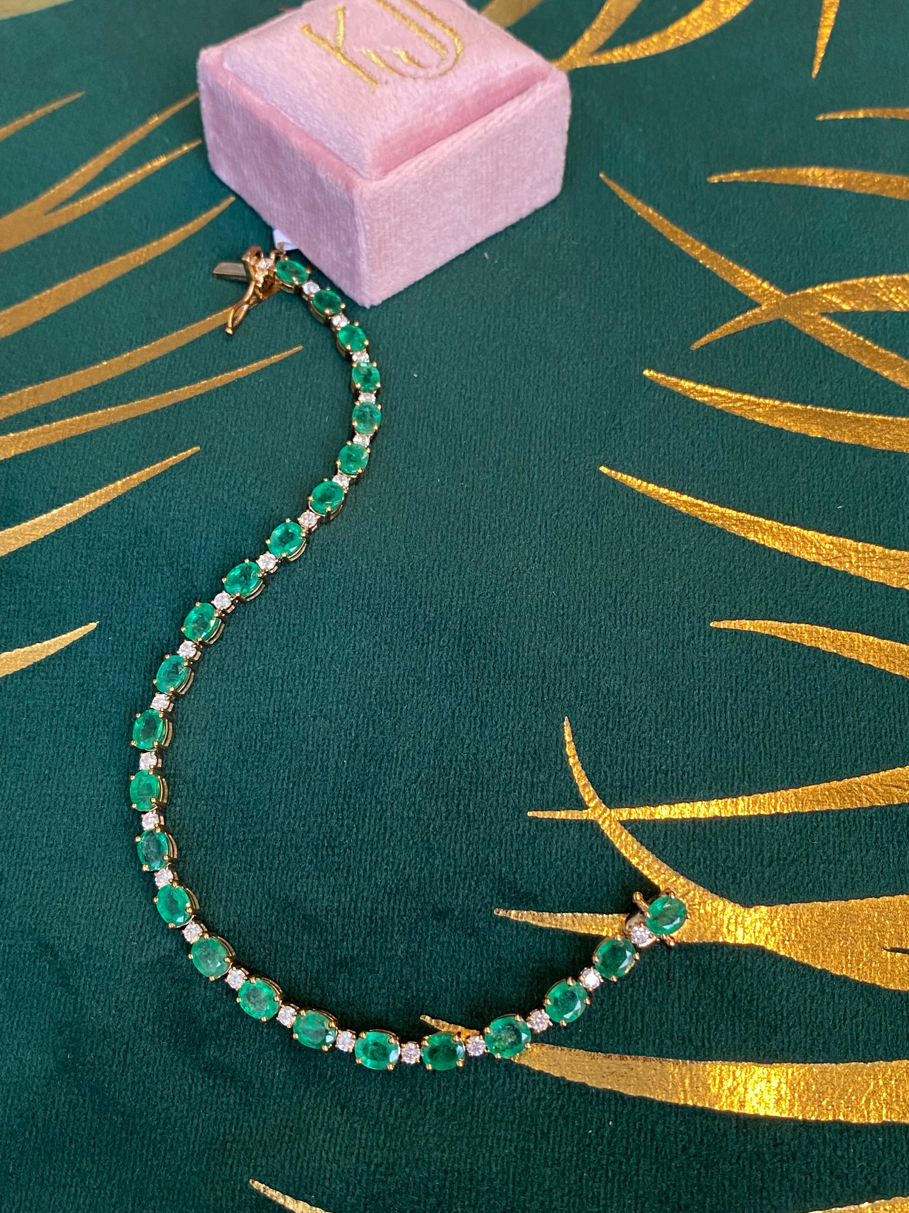 9.18 CTW Emerald and Natural Diamond Line Tennis Bracelet in 9ct Yellow Gold