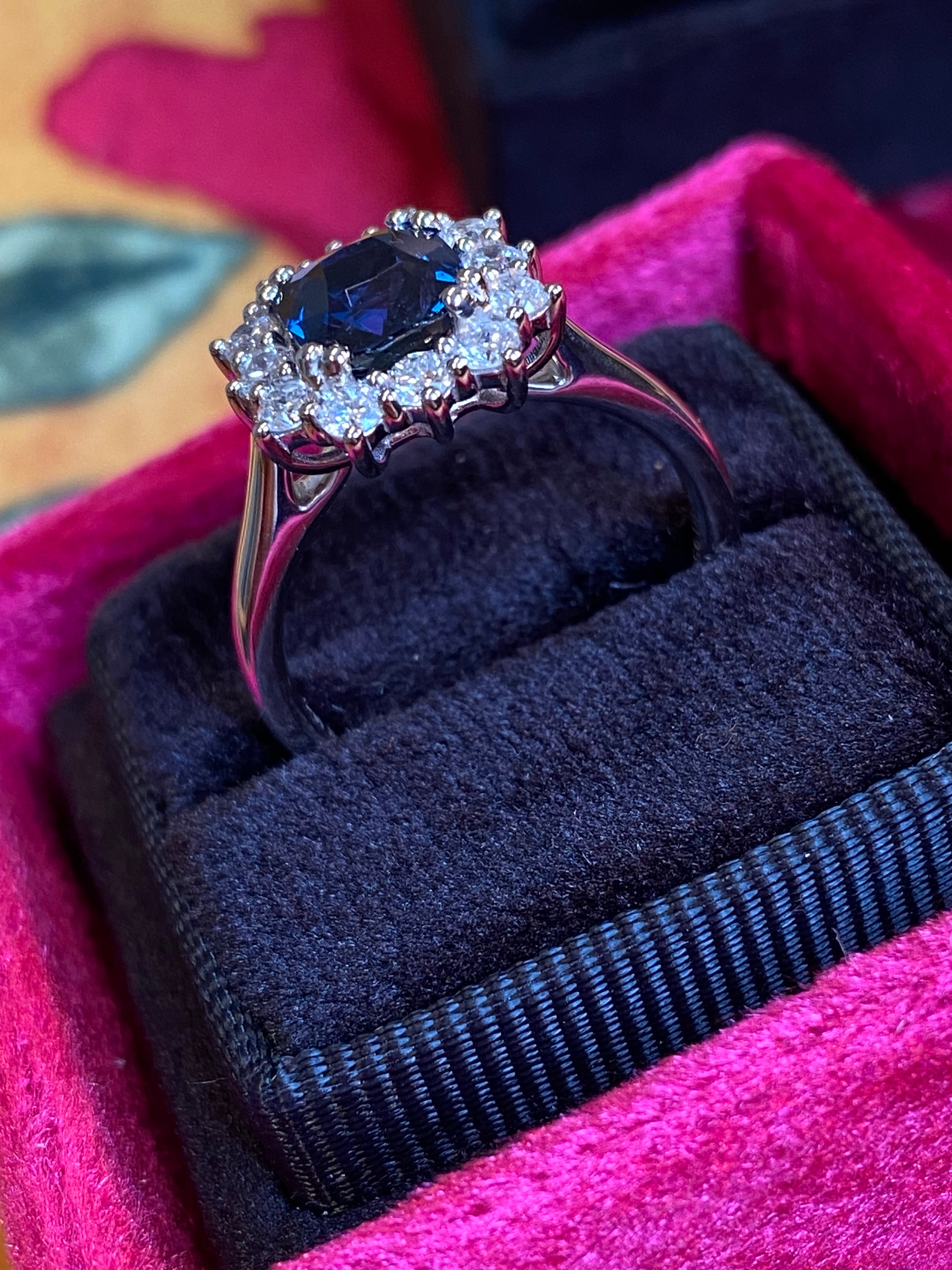 2.00 Carat Cushion Cut Teal Sapphire and Natural Diamond Halo Ring in Platinum