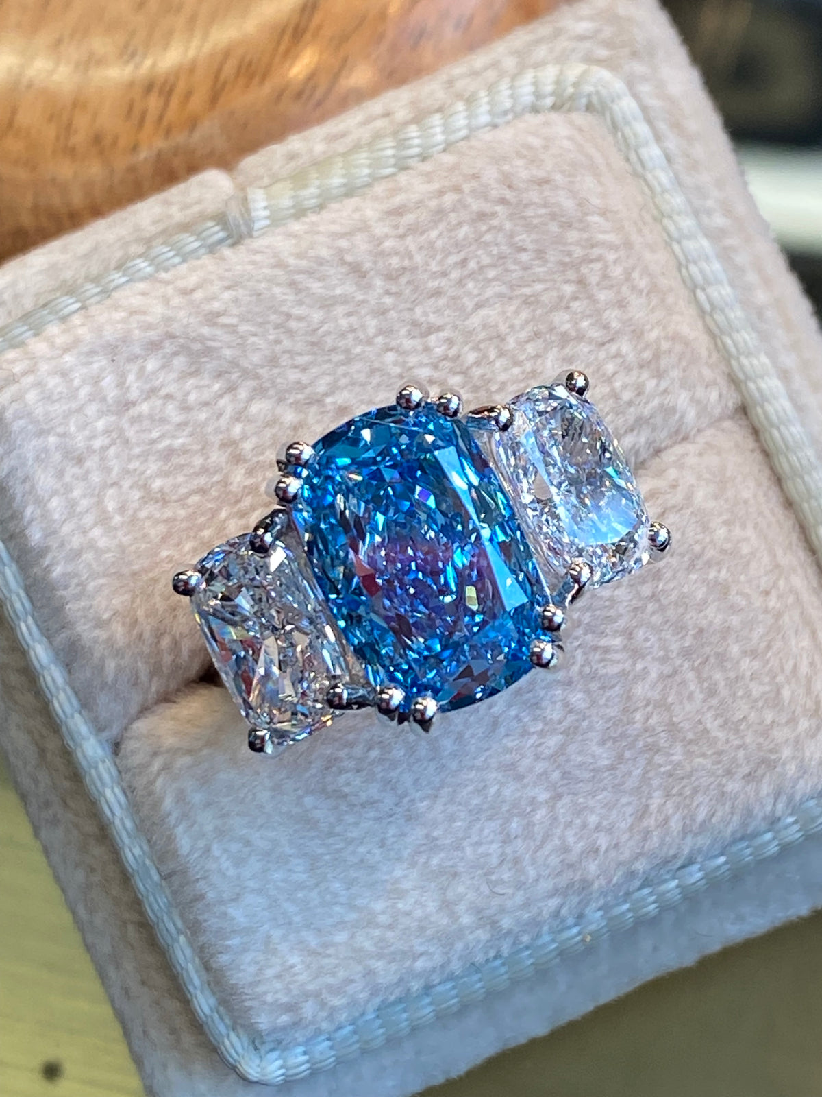 6.60 CTW Fancy Blue Cushion Cut Lab Diamond Graduated Three Stone Ring in Platinum