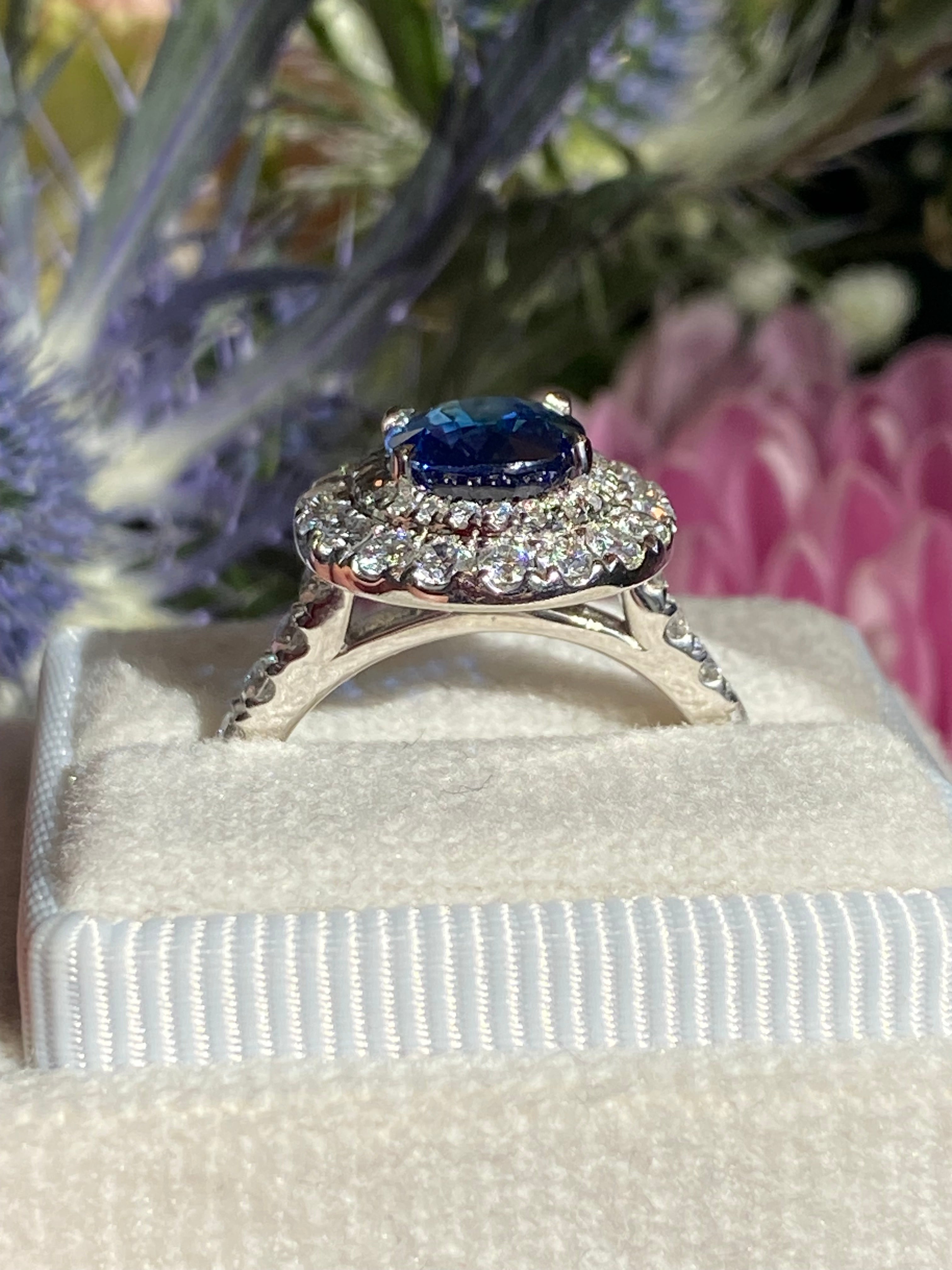 2.21 Carat Blue Ceylon Sapphire and 1.04 CTW Natural Diamond Halo Ring in Platinum
