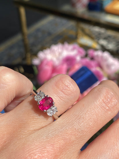 1.34 Carat Ruby and 0.66 Natural Diamond Three Stone Ring in Platinum
