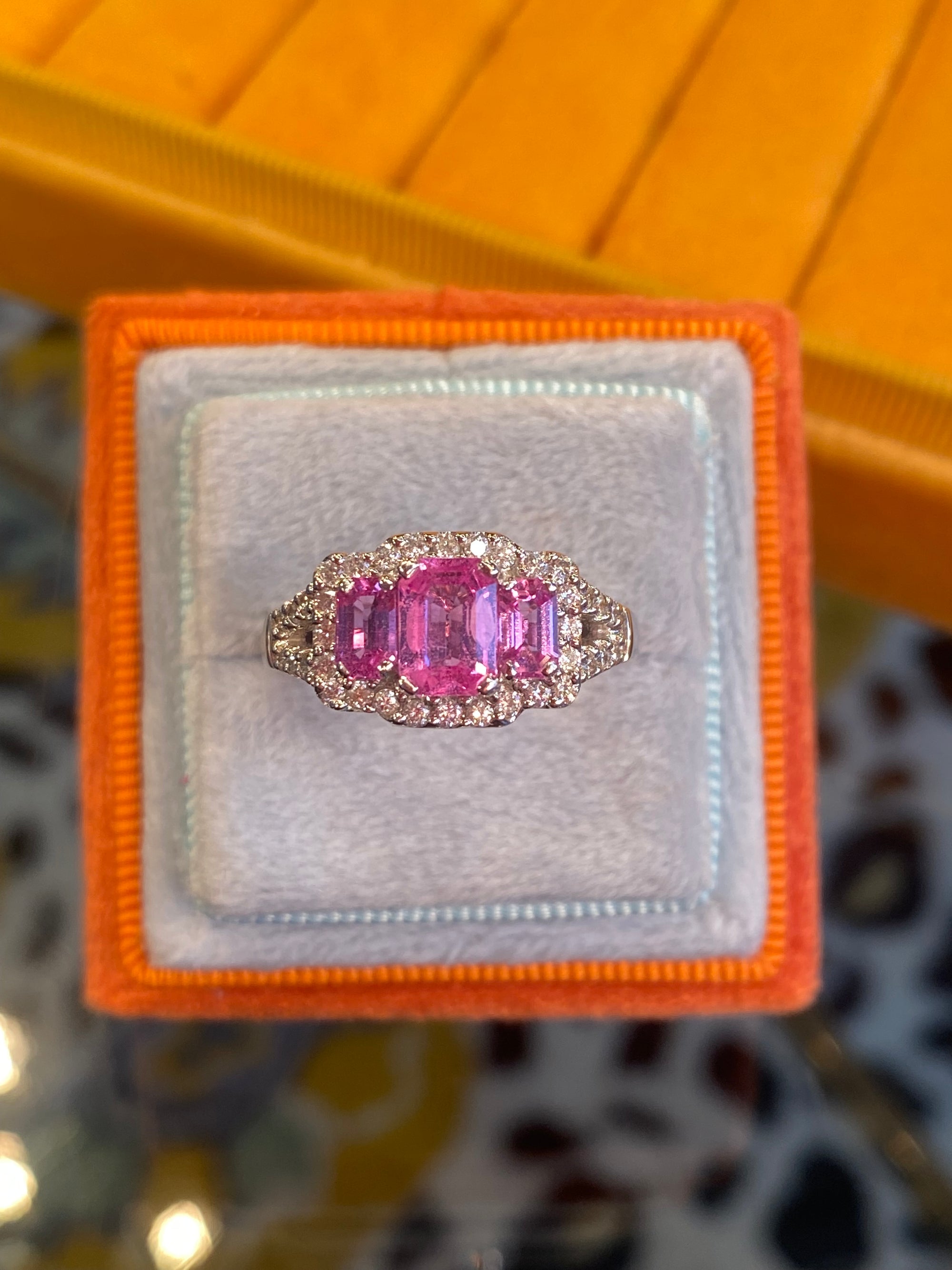 3.50 CTW Pink Sapphire and Natural Diamond Three Stone Ring Set in 18ct White Gold
