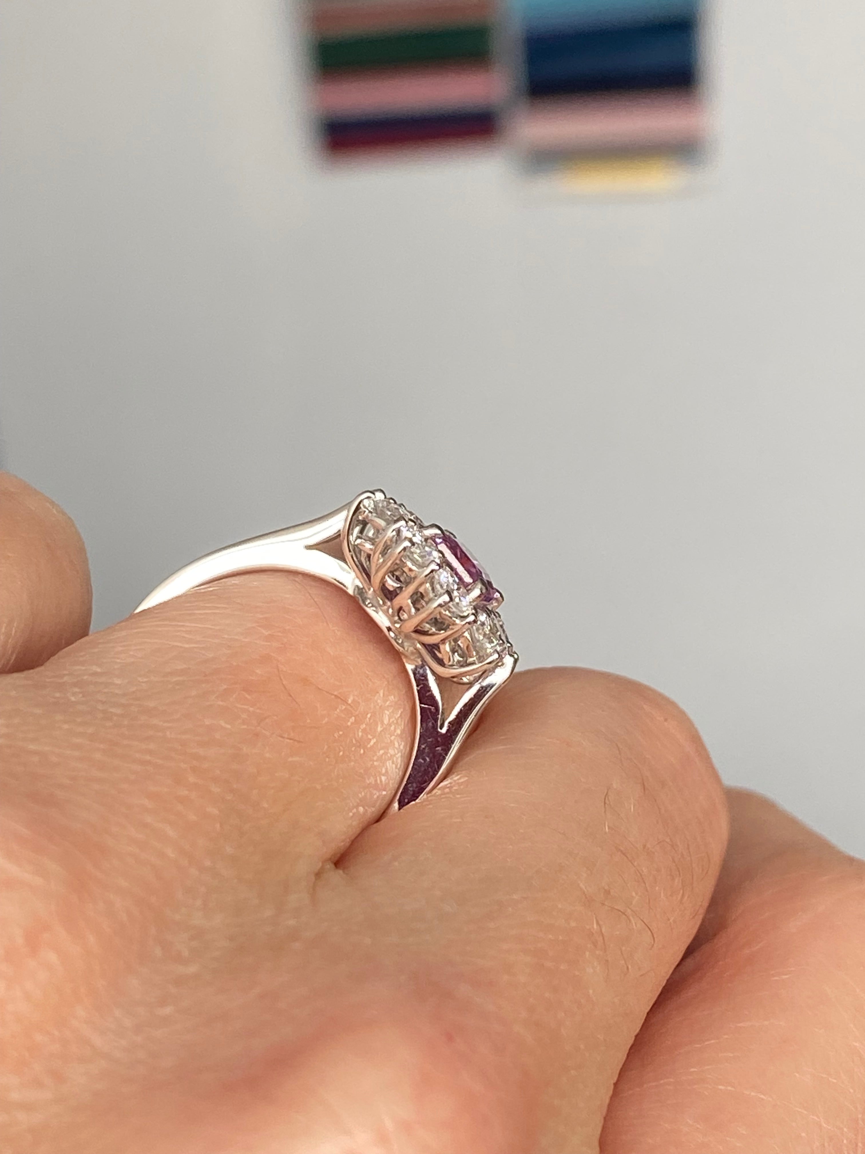 2.33 CTW Emerald Cut Pink Sapphire and Natural Diamond Halo Ring in Platinum