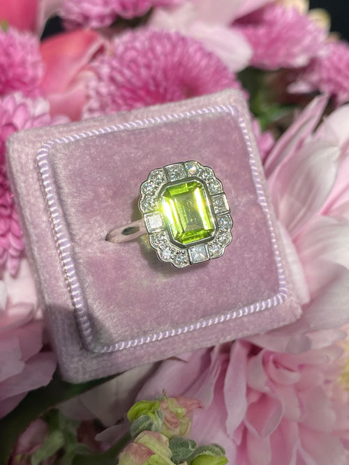 1.32 Carat Peridot and Natural Diamond Ring in Platinum