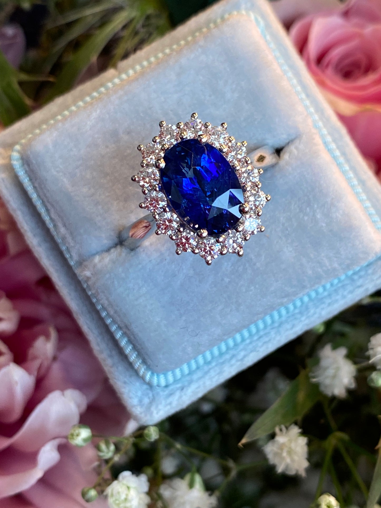 3.04 Carat Blue Ceylon Sapphire and 0.63 CTW Natural Diamond Halo Ring in Platinum