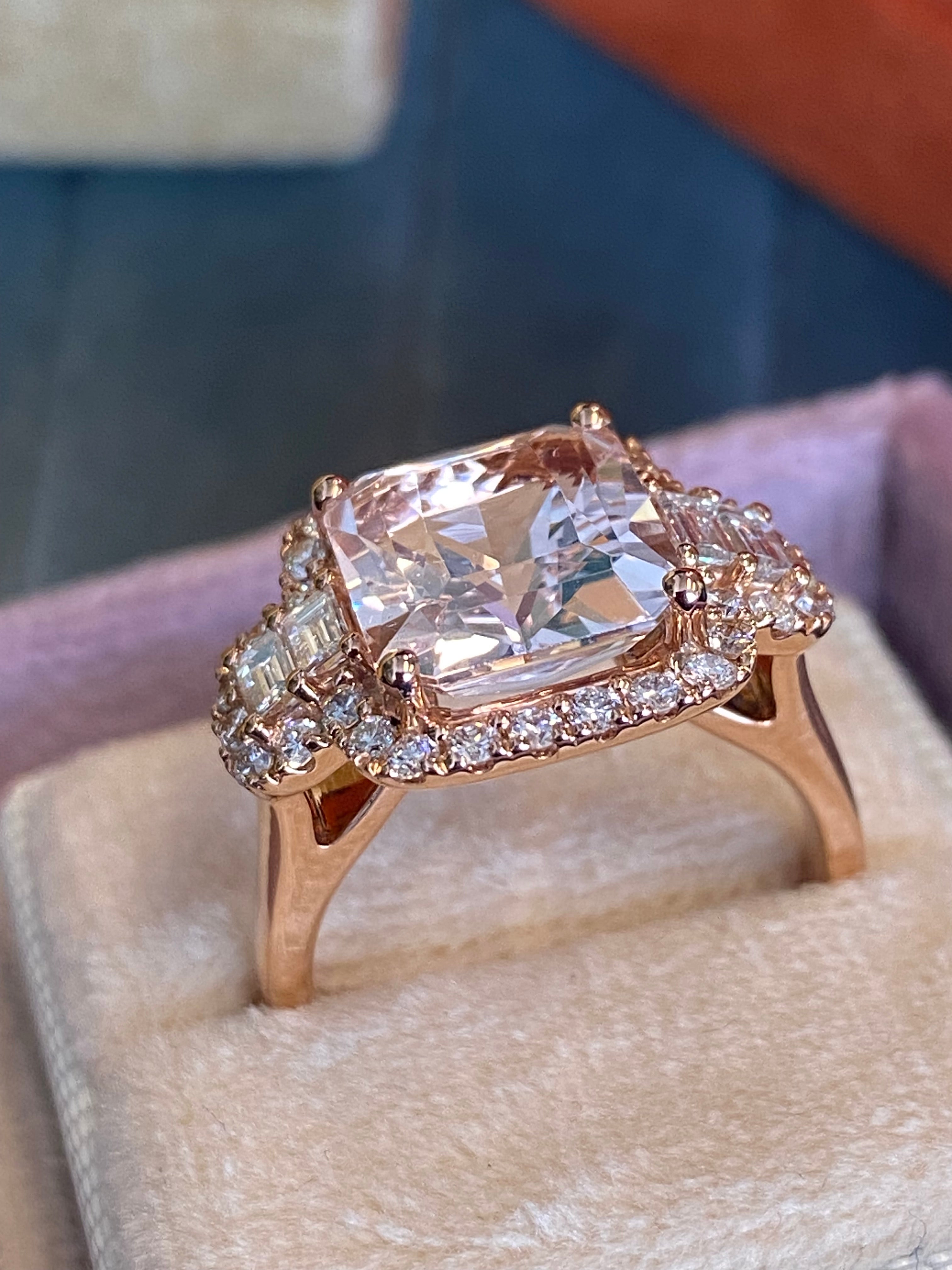 4.66 CTW Radiant Cut Morganite and Natural Diamond Ring in 18ct Rose Gold