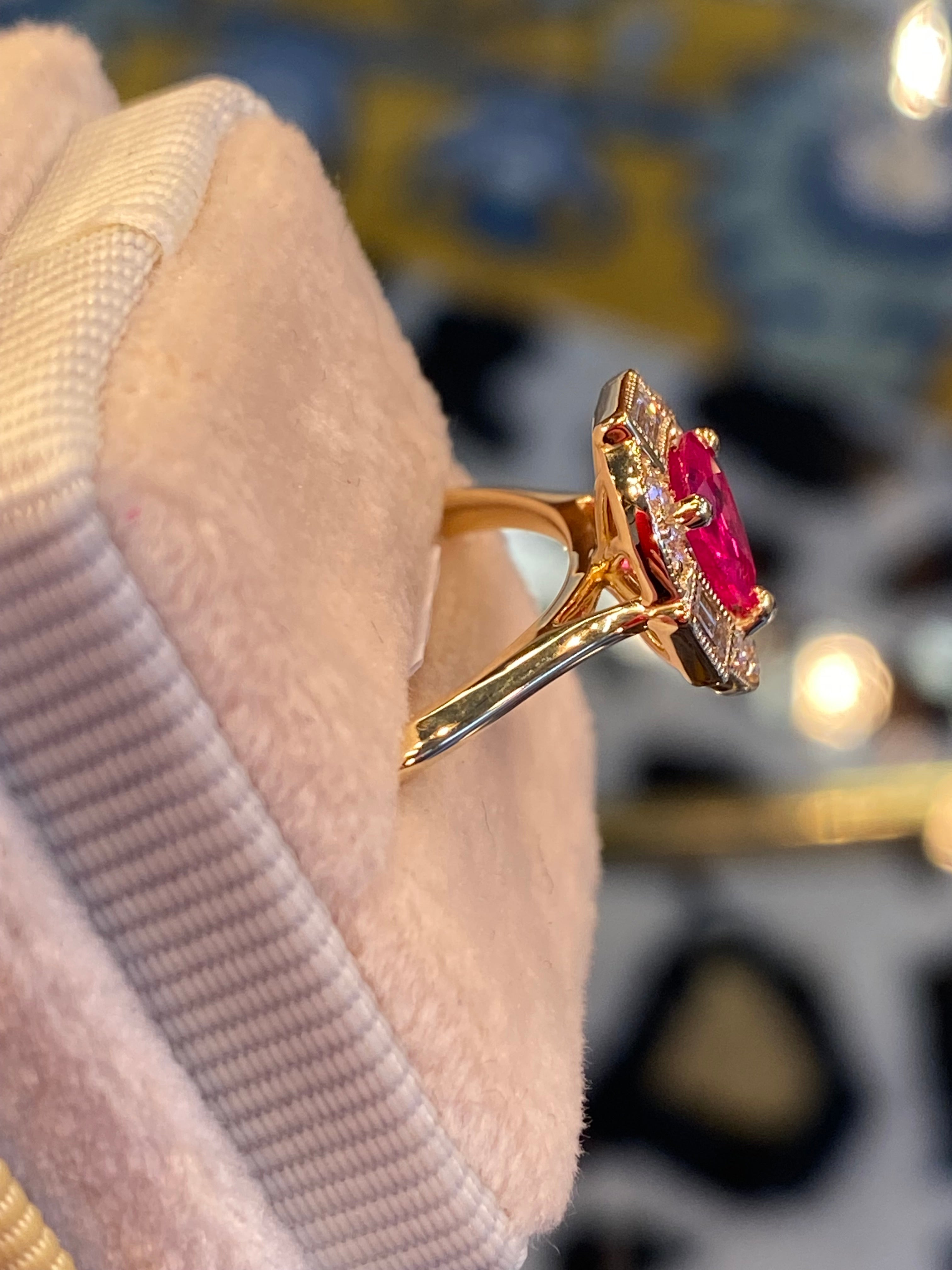 0.85 CTW Pear Cut Ruby and Natural Diamond Halo Ring in 18ct Yellow Gold