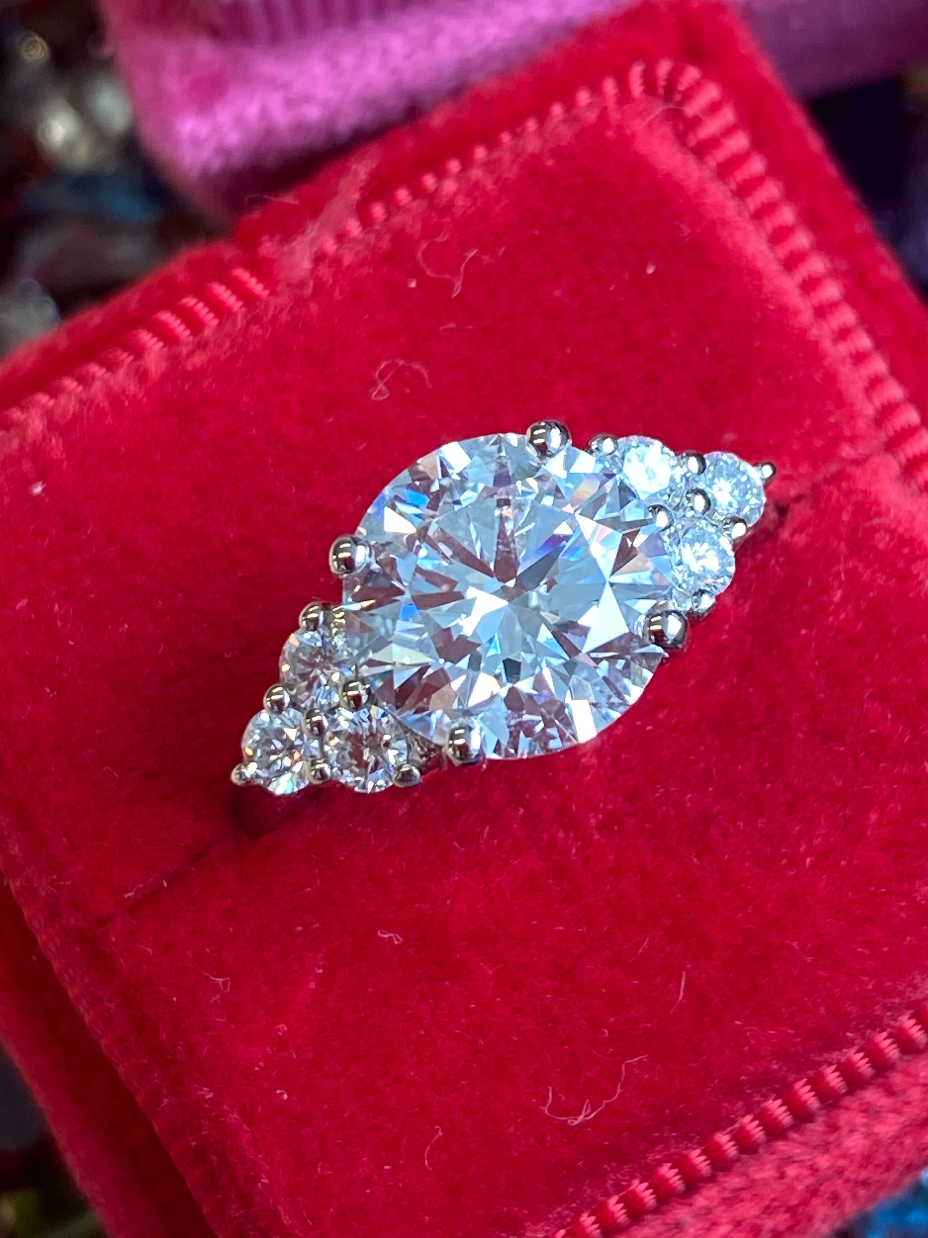 3.39 Carat Round Brilliant Cut D Colour VS1 Lab Diamond Trefoil Three Stone Ring in Platinum