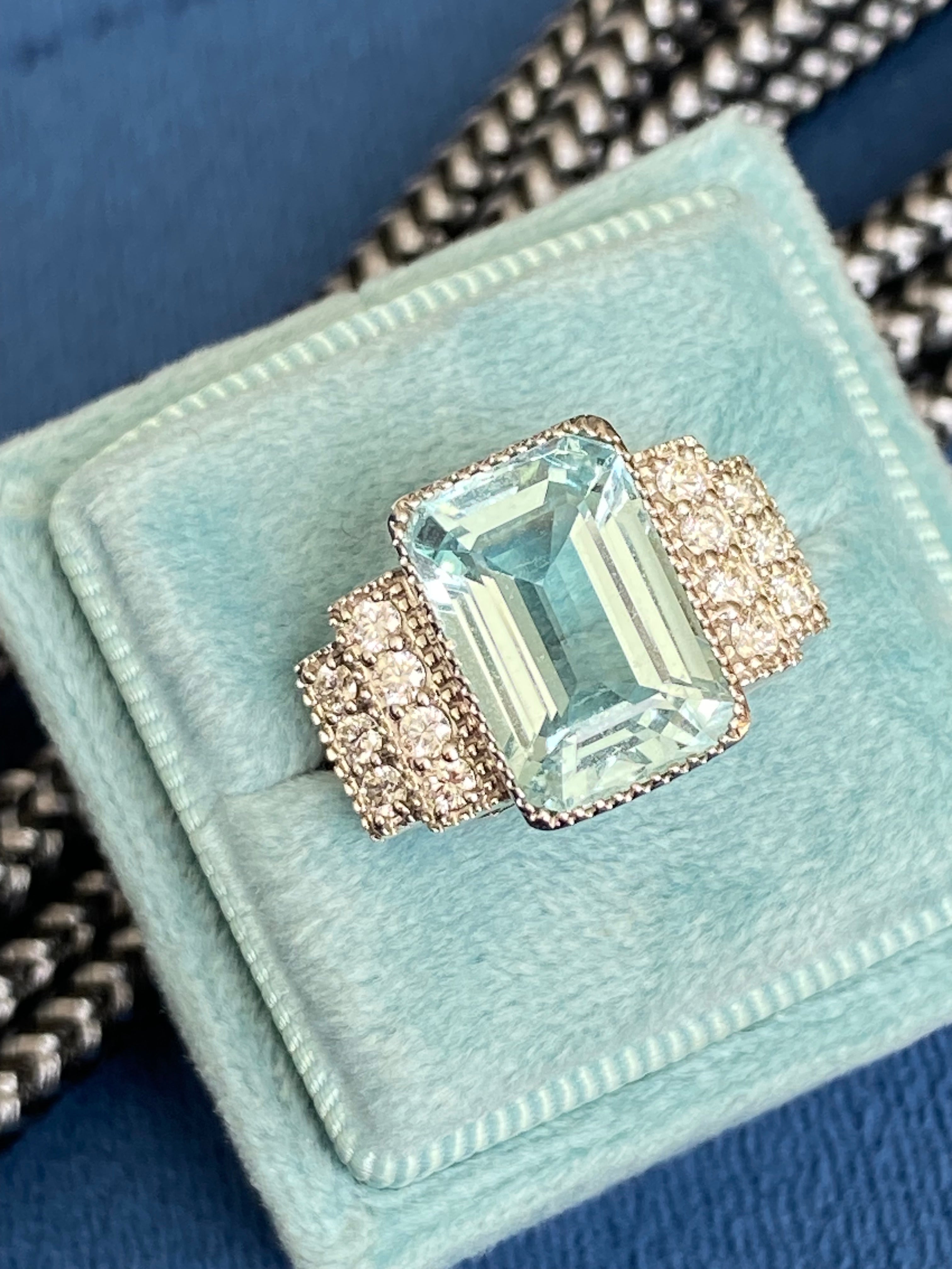 6.29 CTW Art Deco Style Aquamarine and Diamond Ring in 18ct White Gold