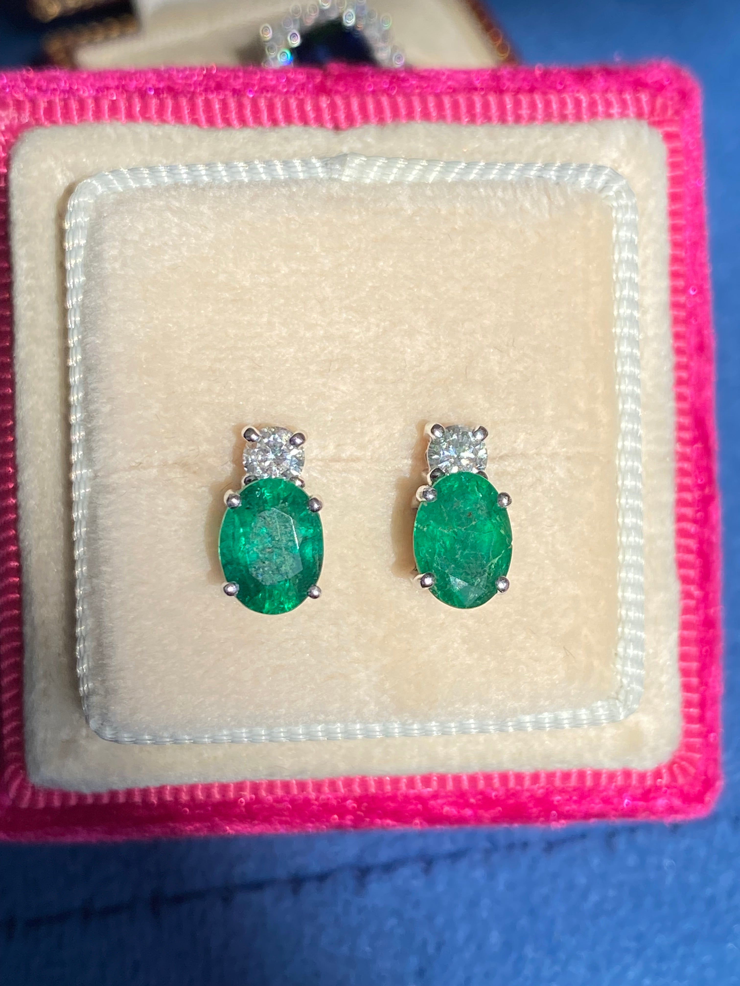 2.17 CTW Emerald and Natural Diamond Stud Earrings in 18ct White Gold