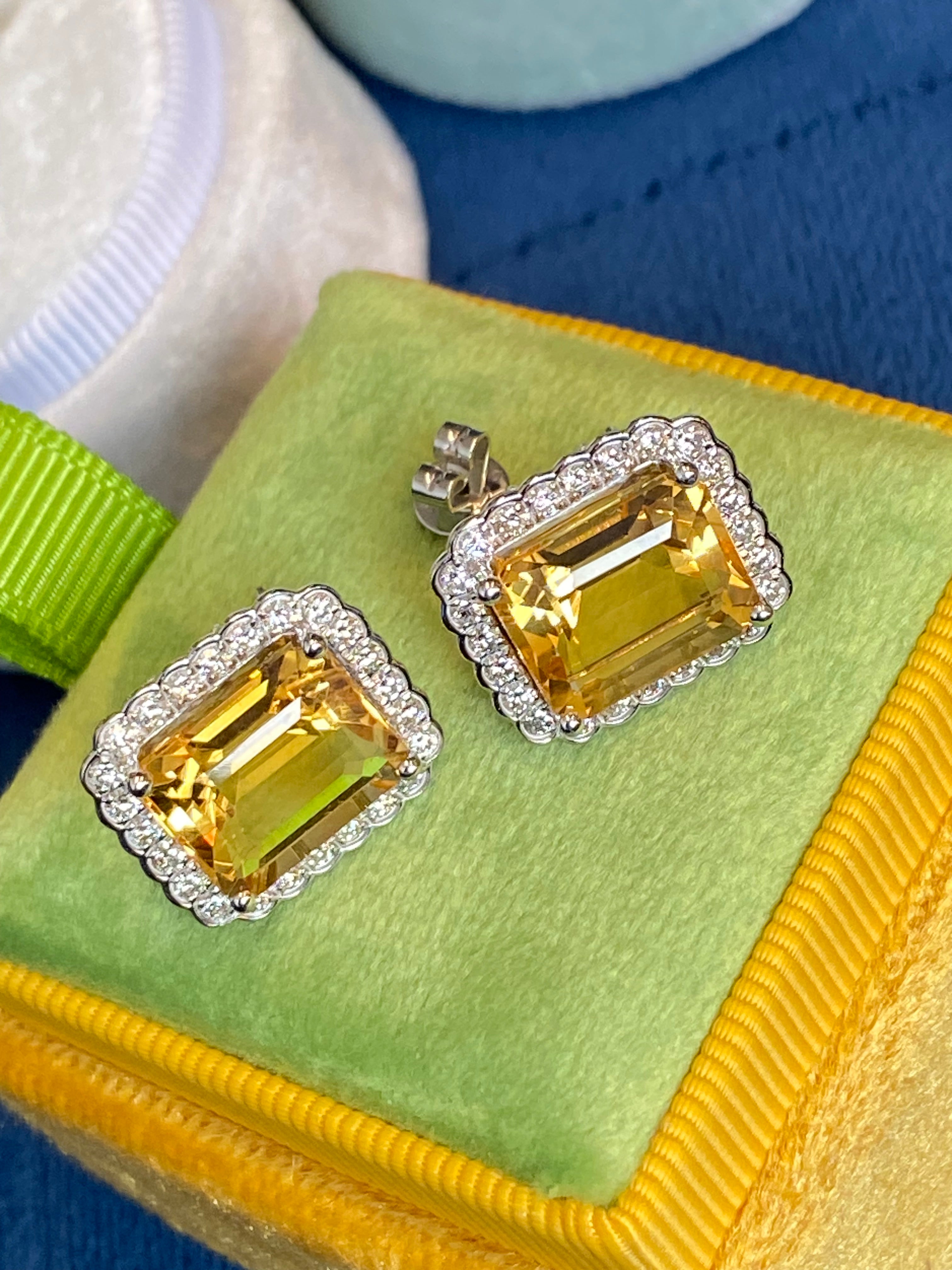 9.31ctw Citrine and Natural Diamond Stud Earrings in 9ct White Gold