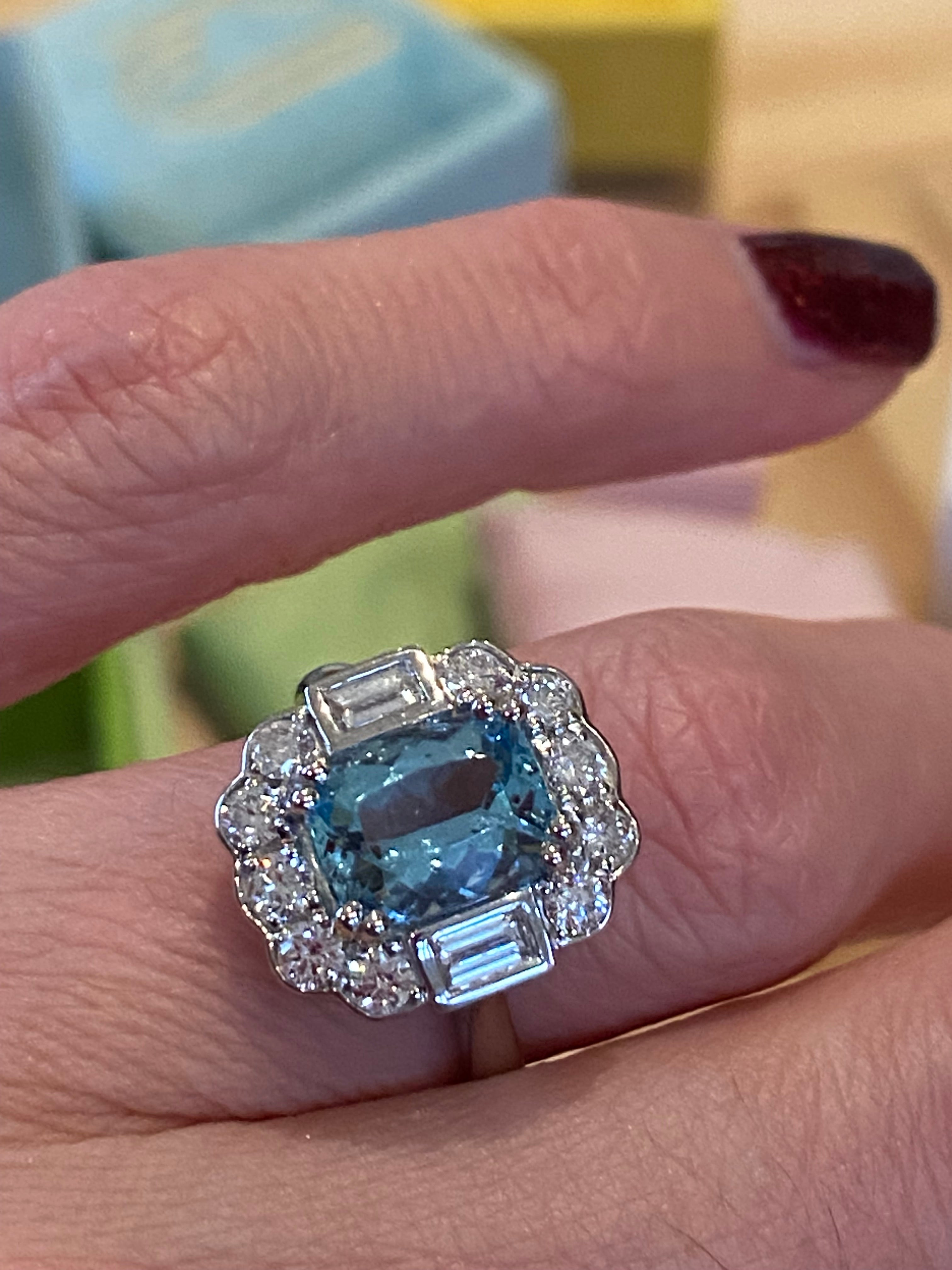 2.86 CTW Cushion Cut Aquamarine and Diamond Engagement Ring in Platinum