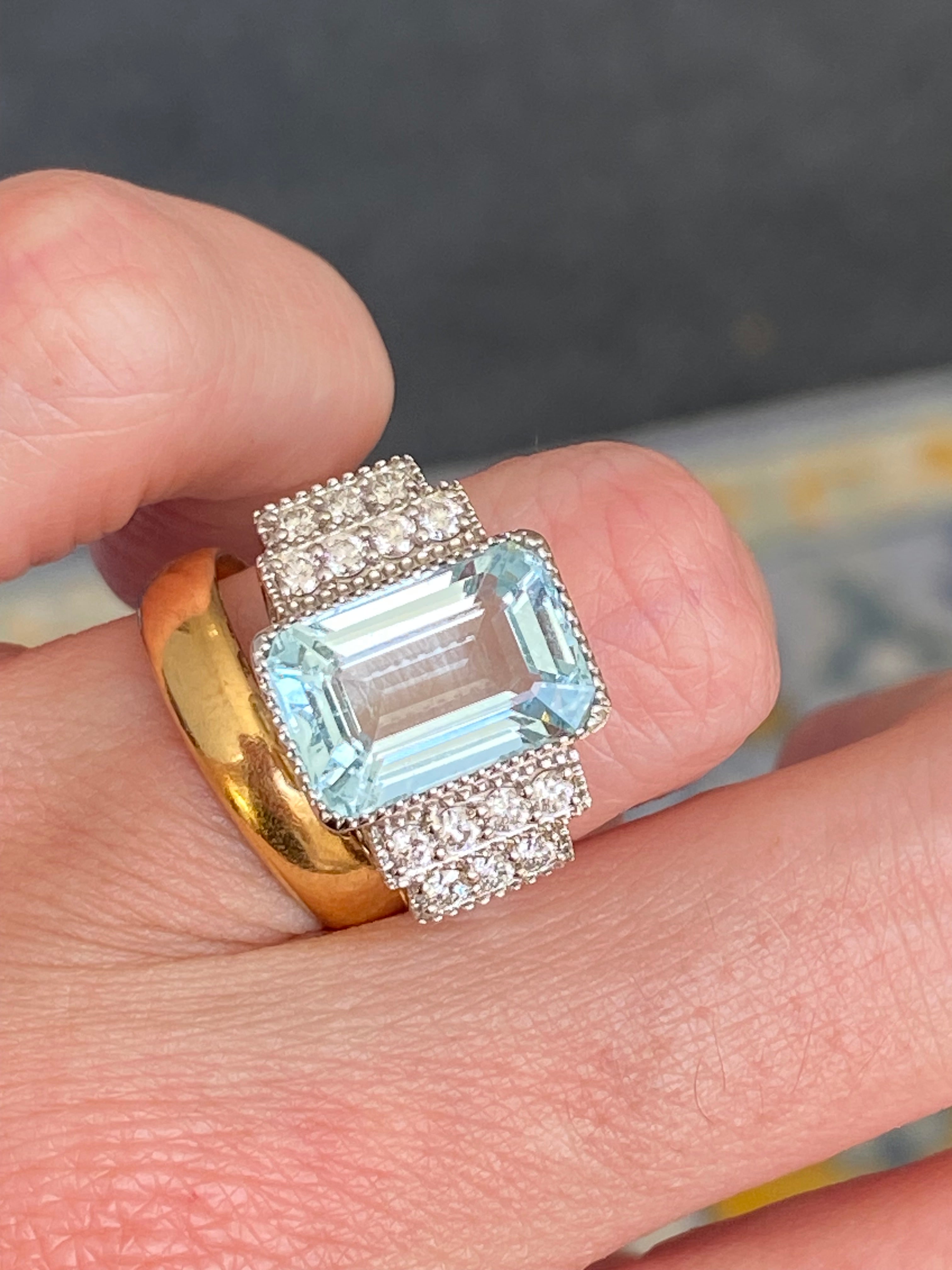 6.29 CTW Art Deco Style Aquamarine and Diamond Ring in 18ct White Gold