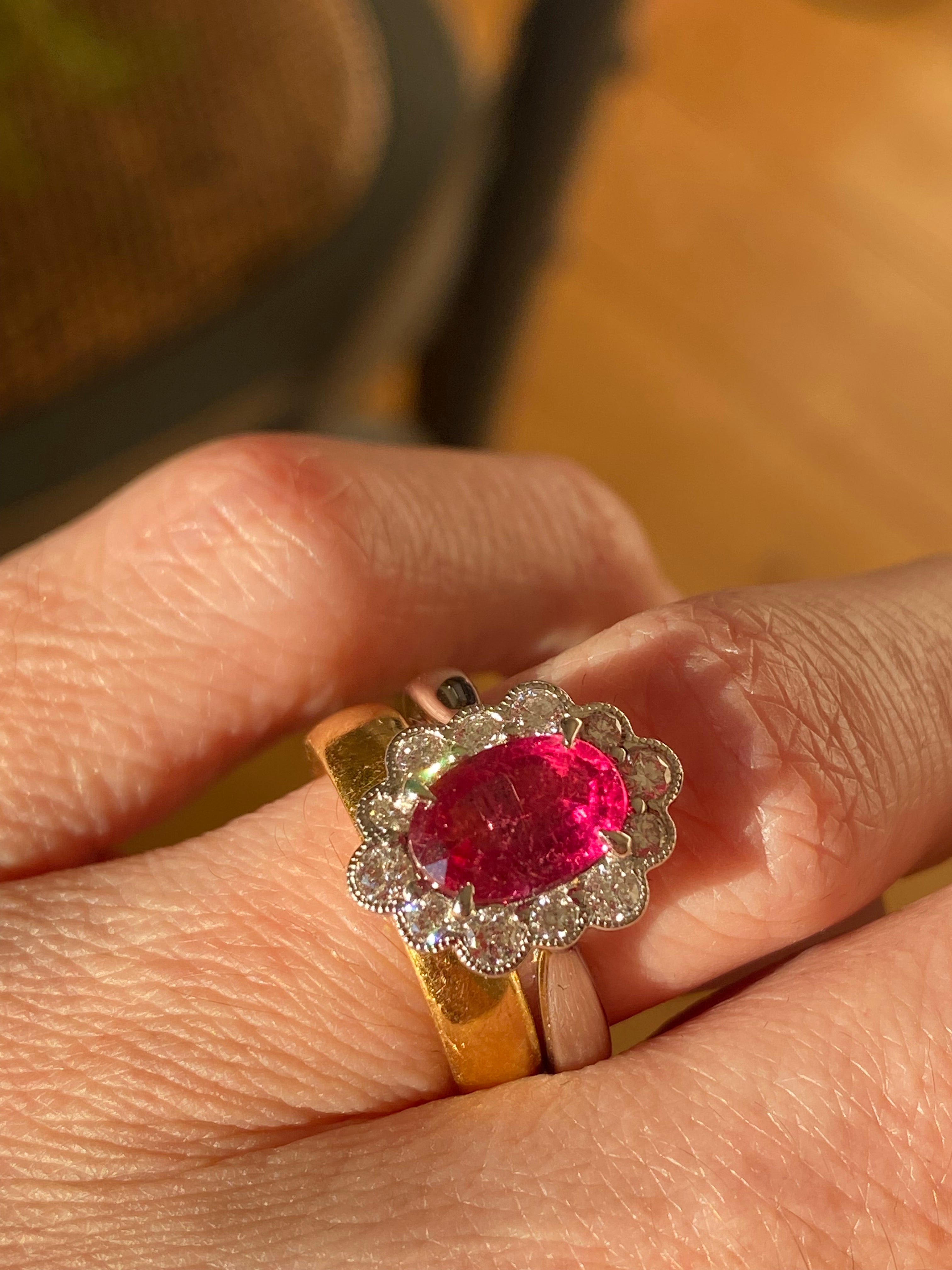 1.44 Carat Cut Pink Tourmaline and Natural Diamond Ring in Platinum