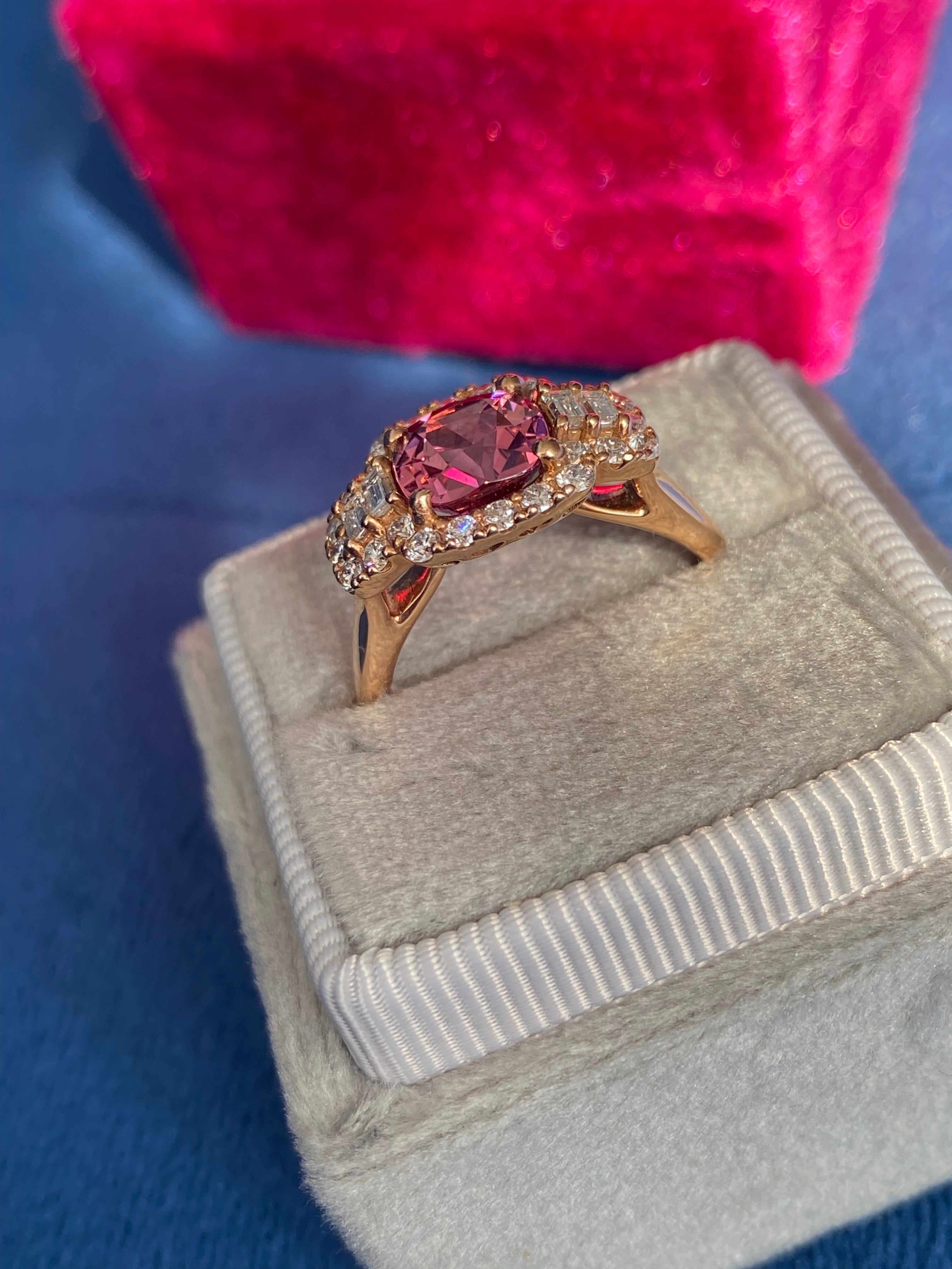 2.02 CTW Pink Tourmaline and Natural Diamond Three Stone Halo Ring in 18ct Rose Gold
