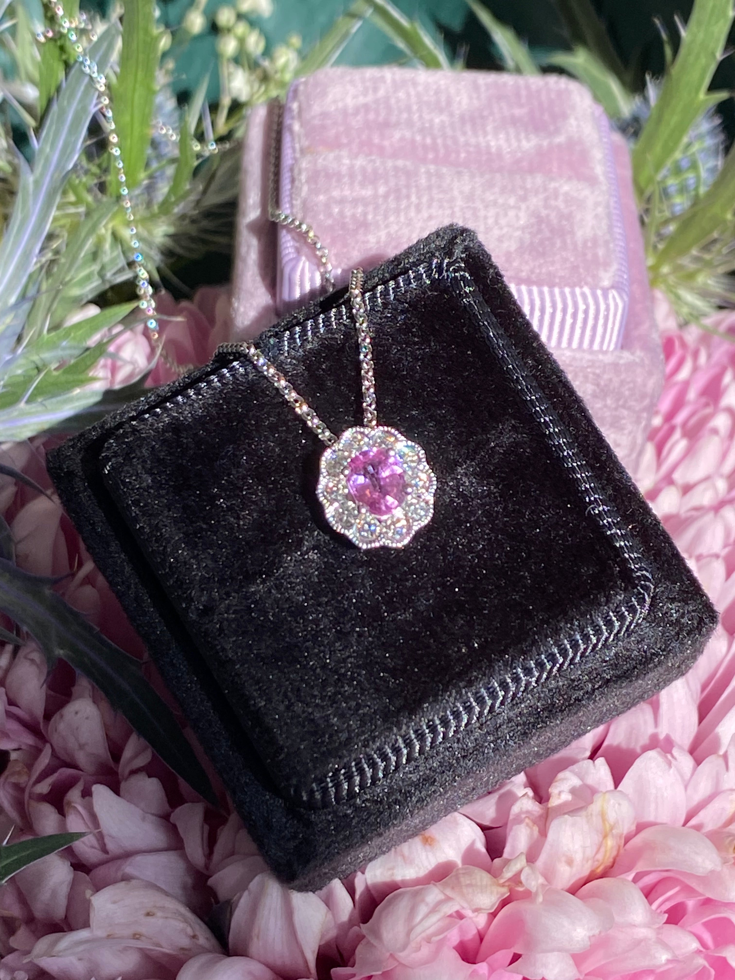 0.70 CTW Pink Sapphire and Natural Diamond Pendant Necklace in 18ct White Gold