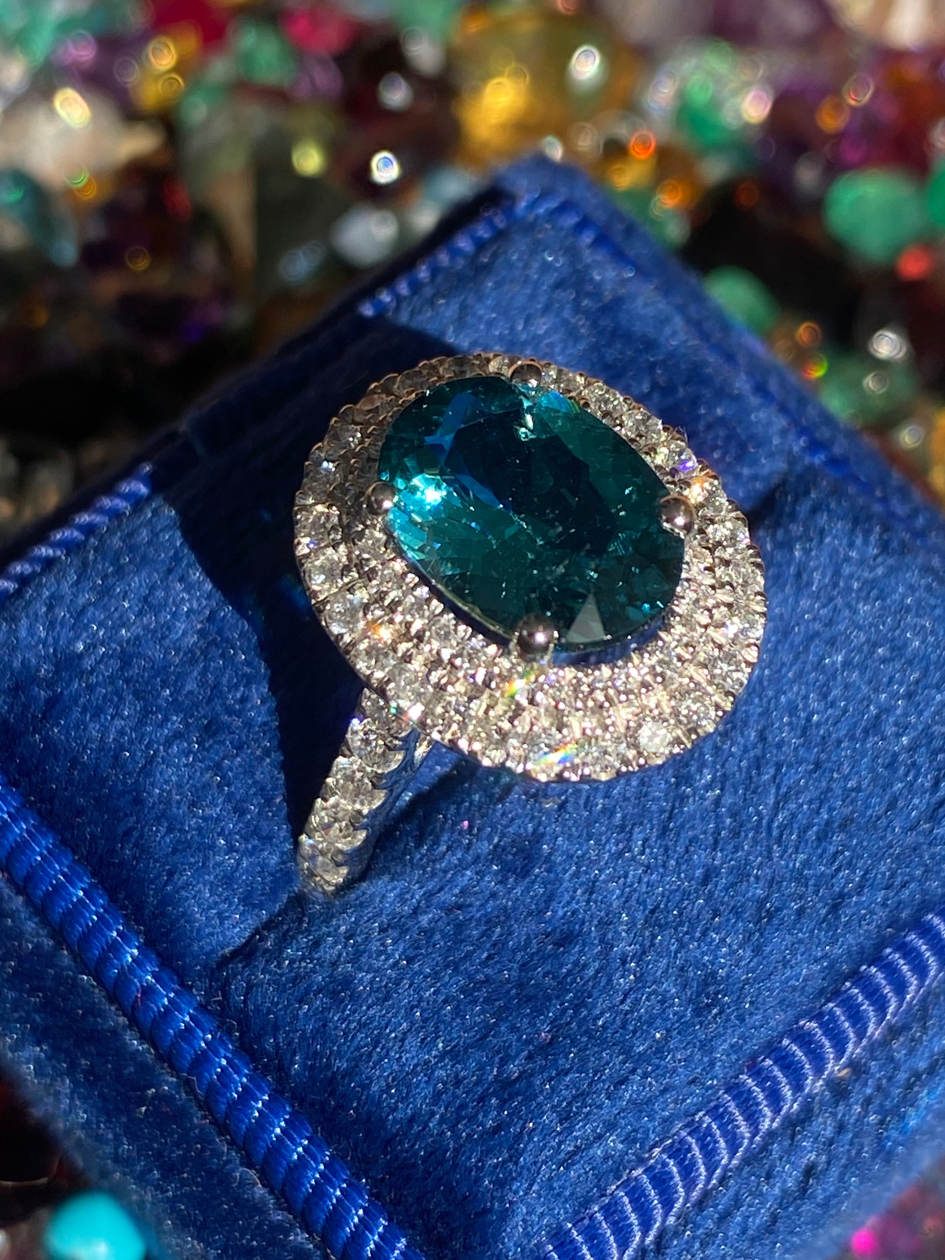 2.43 Carat Lagoon Tourmaline and Natural Diamond Double Halo Ring in Platinum