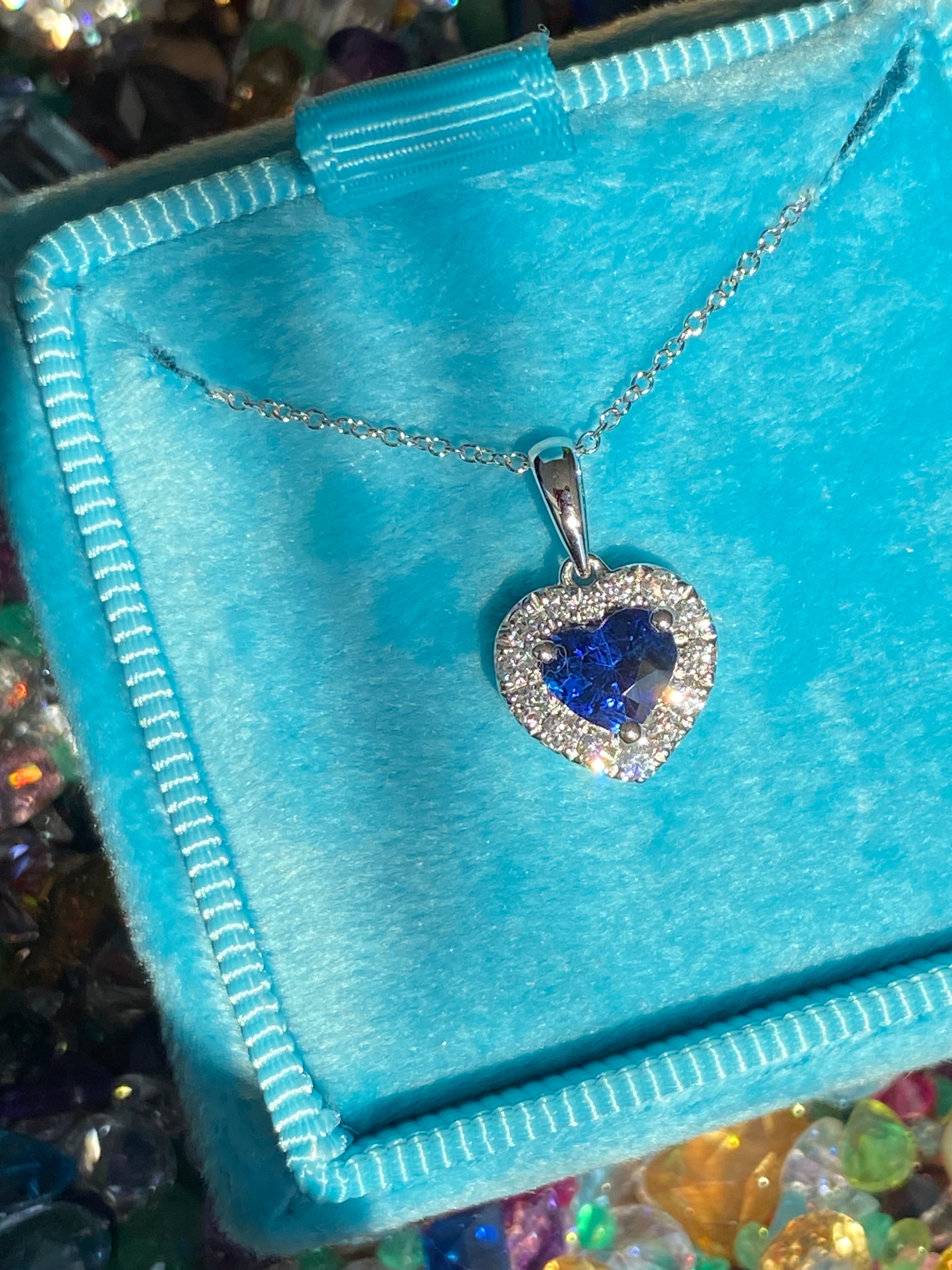 1.11 CTW Heart Shaped Ceylon Sapphire and Natural Diamond Pendant Necklace in 18ct White Gold