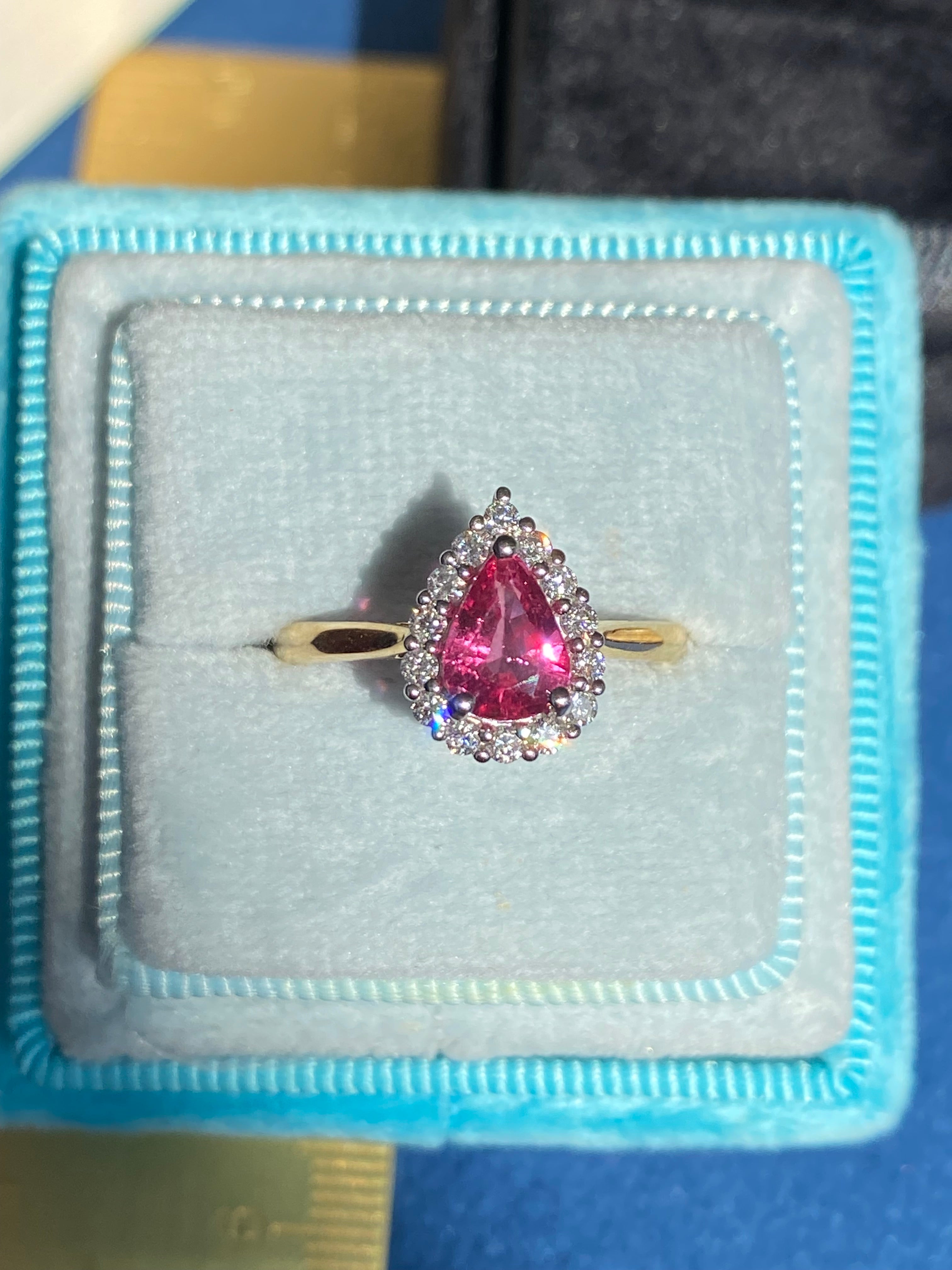 1.28 CTW Pear Cut Ruby and Natural Diamond Ring in Platinum and 18ct Yellow Gold
