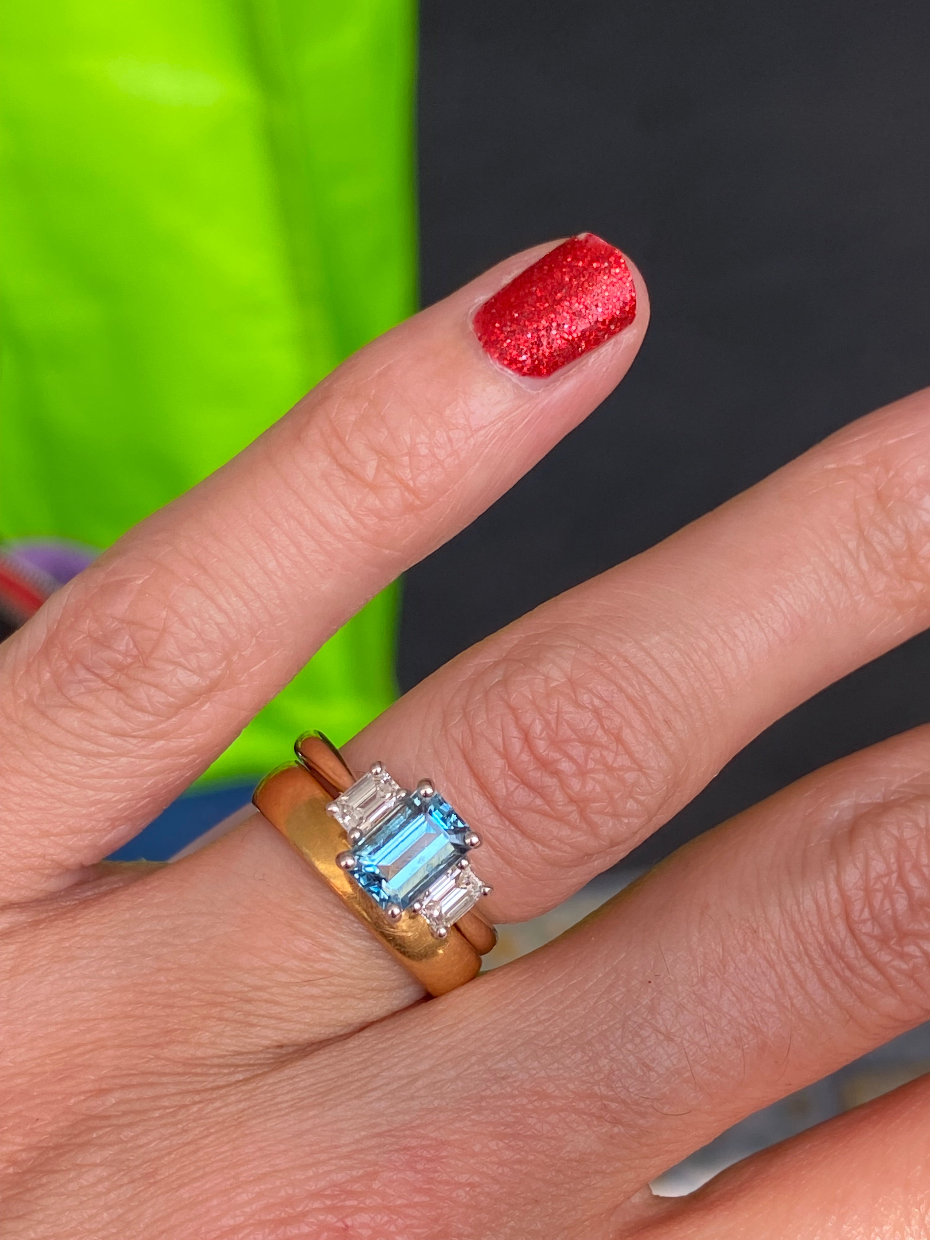 1.73 CTW Aquamarine and Natural Diamond Three Stone Ring in Platinum and 18ct Yellow Gold