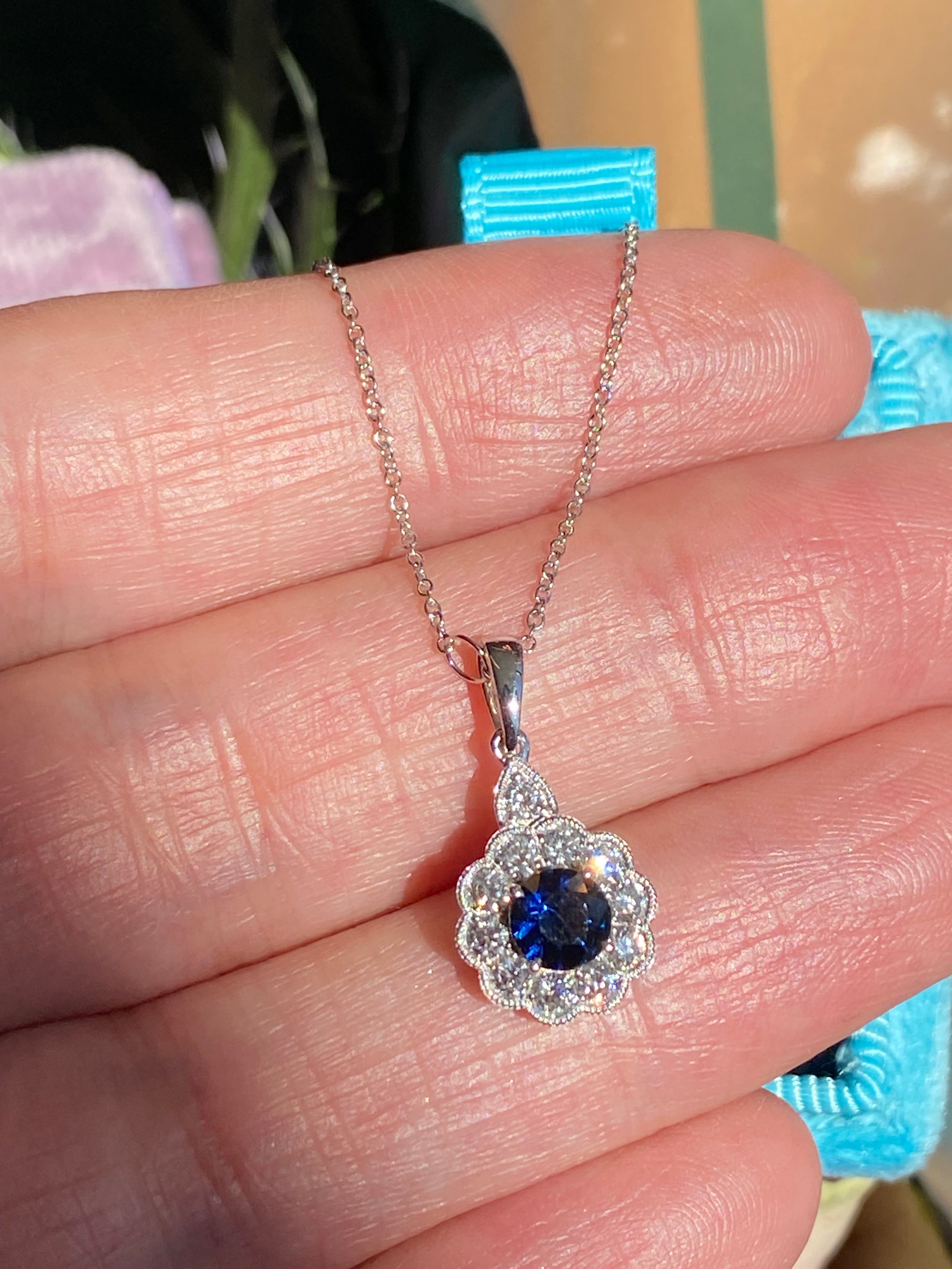 0.86 CTW Sapphire and Natural Diamond Pendant Necklace in 18ct White Gold