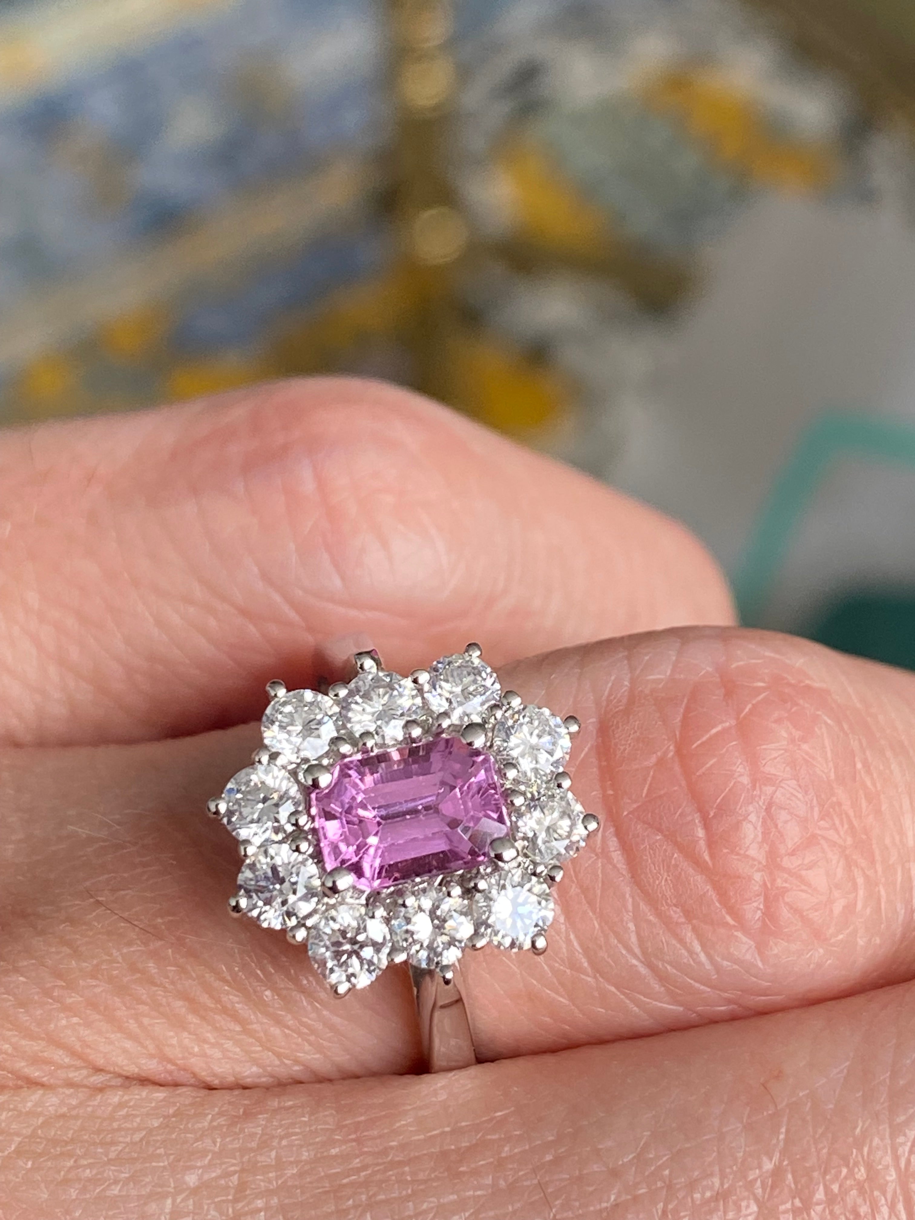 2.33 CTW Emerald Cut Pink Sapphire and Natural Diamond Halo Ring in Platinum